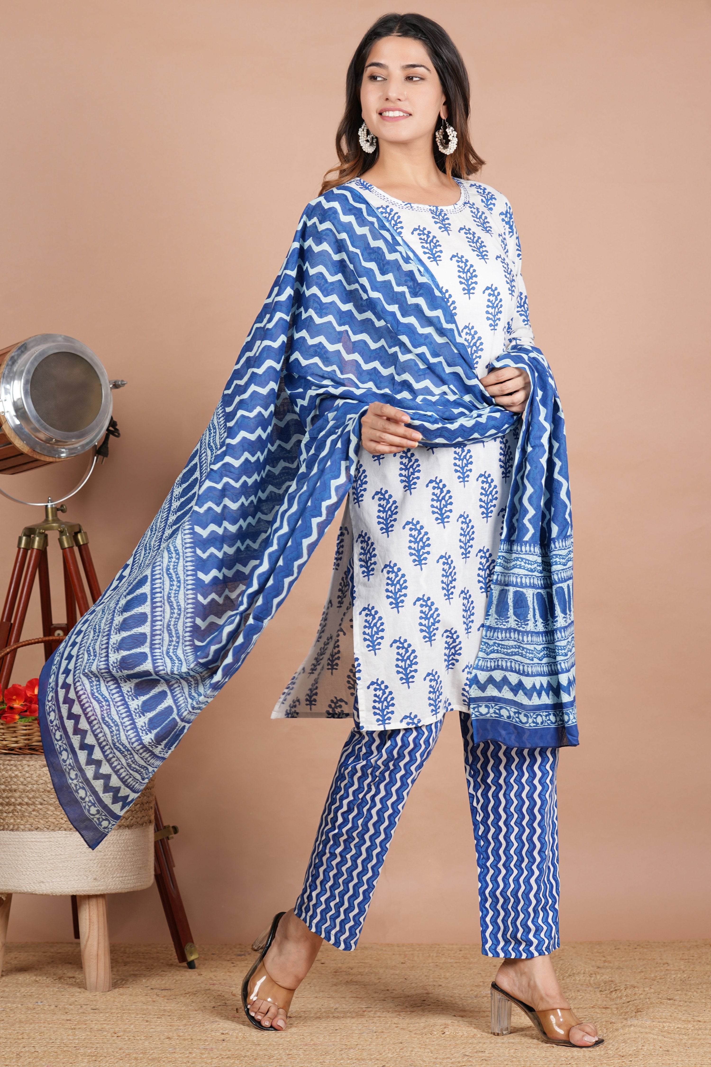 House of RP Women's White & Aqua Blue Cotton Kurta, Pant & Dupatta Set