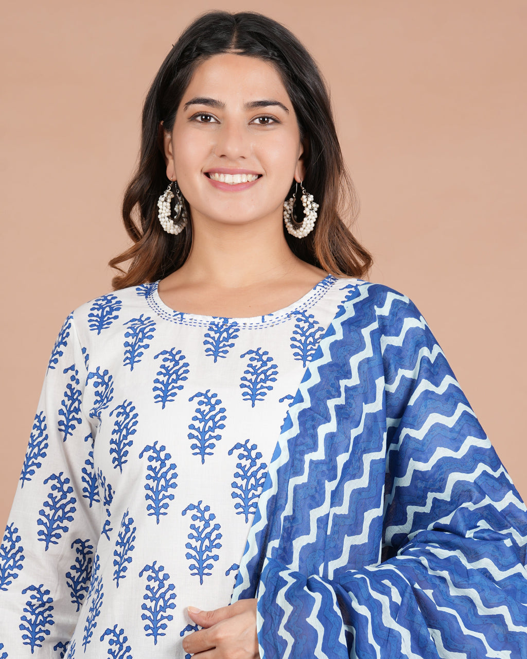 House of RP Women's White & Aqua Blue Cotton Kurta, Pant & Dupatta Set