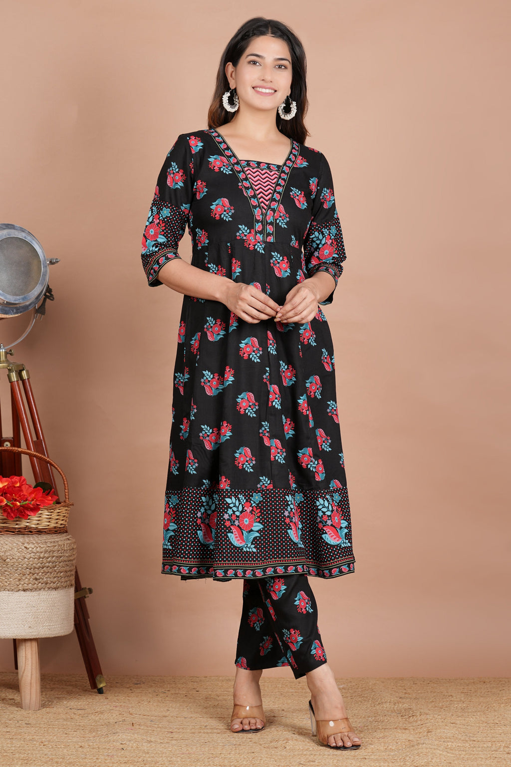House of RP Women's Black Floral Cotton Kurta, Pant Set