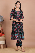 House of RP Women's Black Floral Cotton Kurta, Pant Set