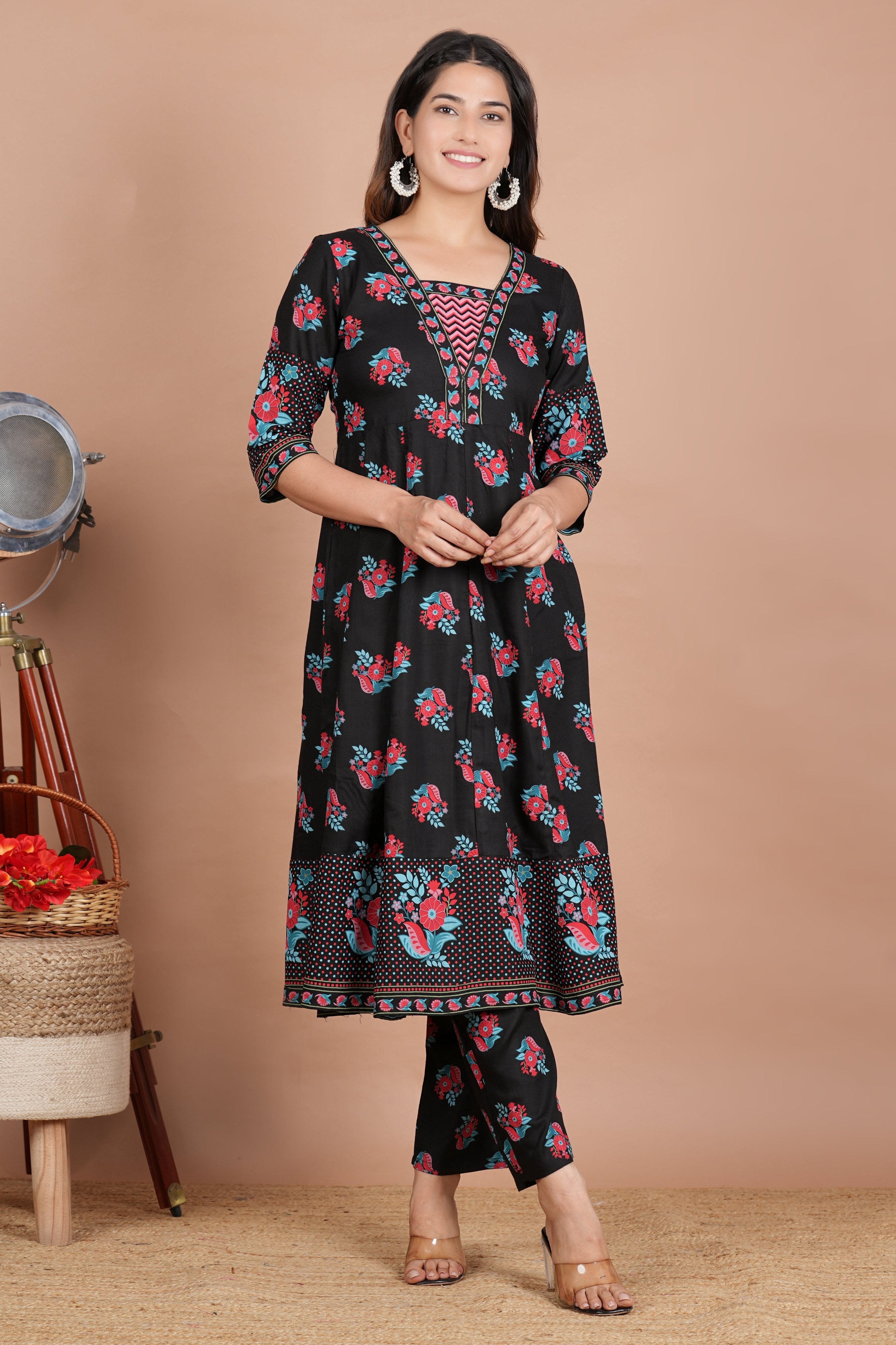 House of RP Women's Black Floral Cotton Kurta, Pant Set