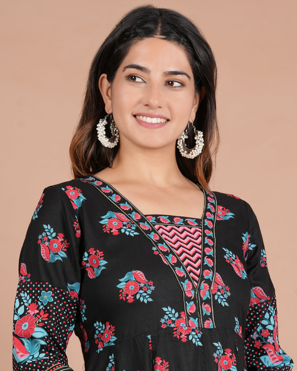 House of RP Women's Black Floral Cotton Kurta, Pant Set