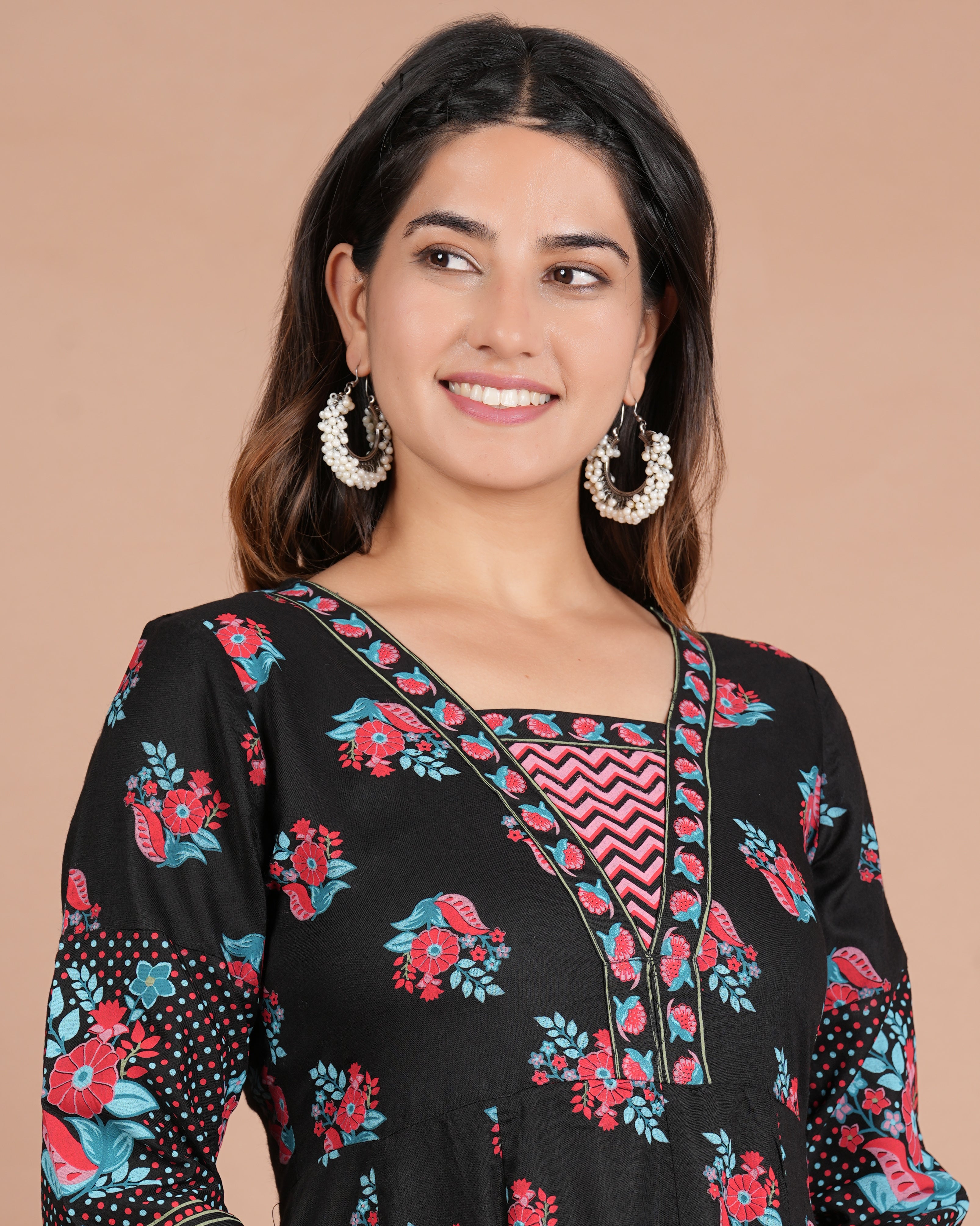House of RP Women's Black Floral Cotton Kurta, Pant Set