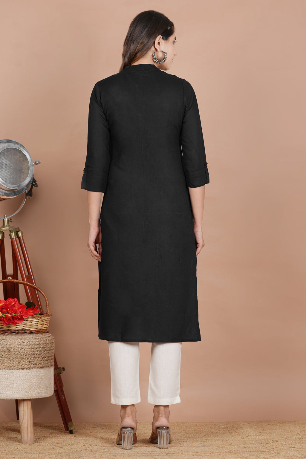 House of RP Women's Black Rayon Solid Frontslit Kurta