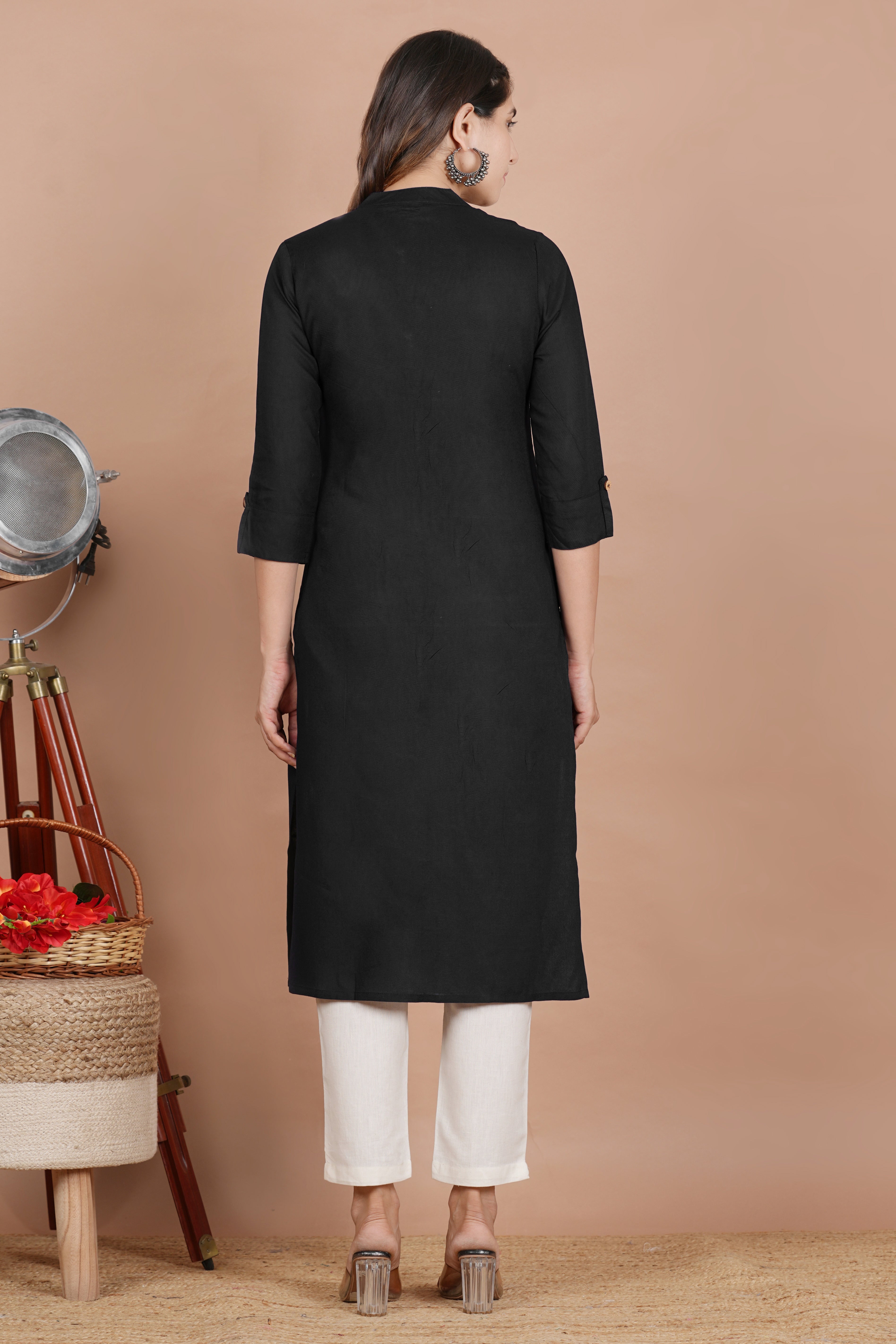 House of RP Women's Black Rayon Solid Frontslit Kurta