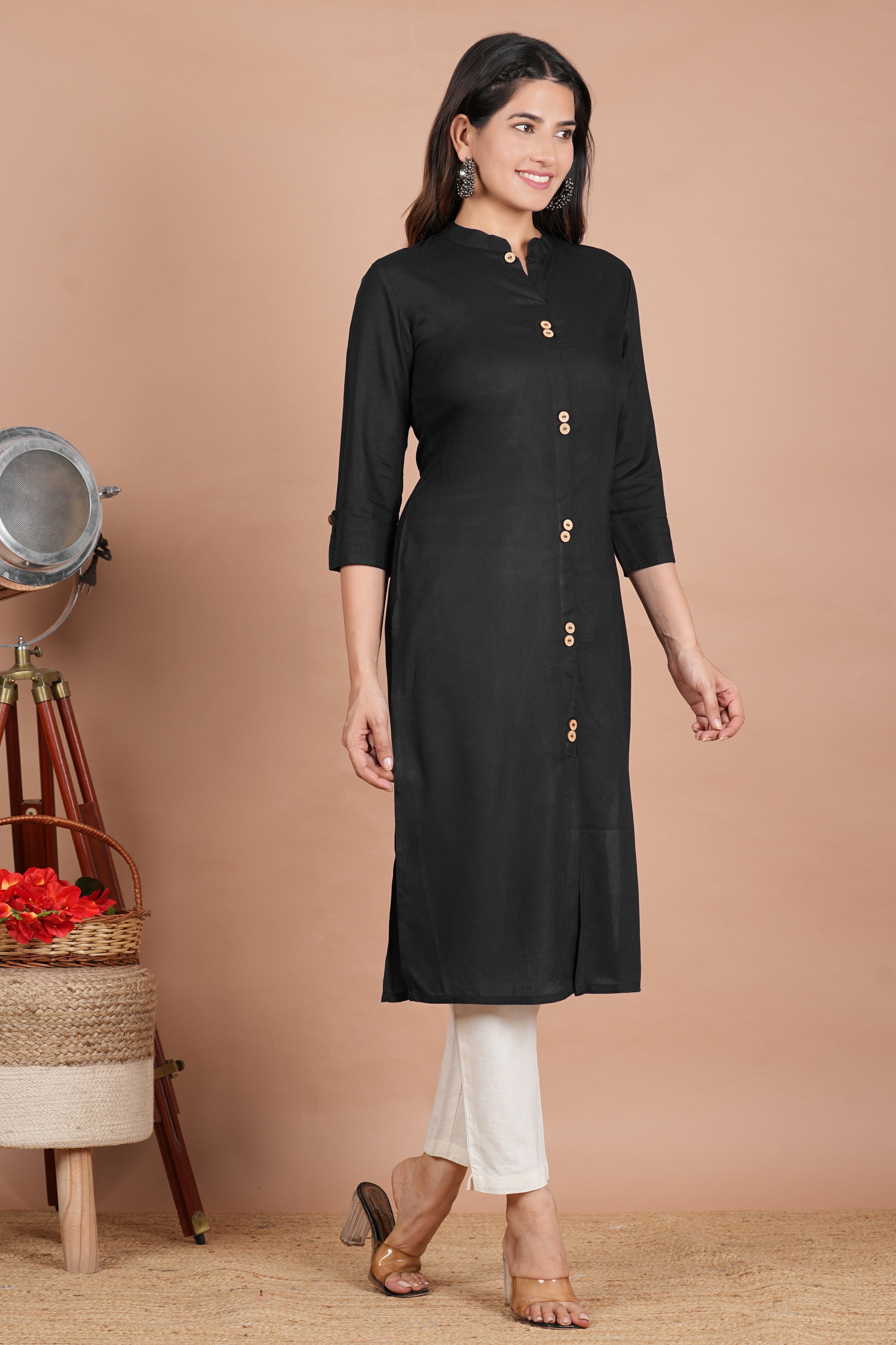 House of RP Women's Black Rayon Solid Frontslit Kurta
