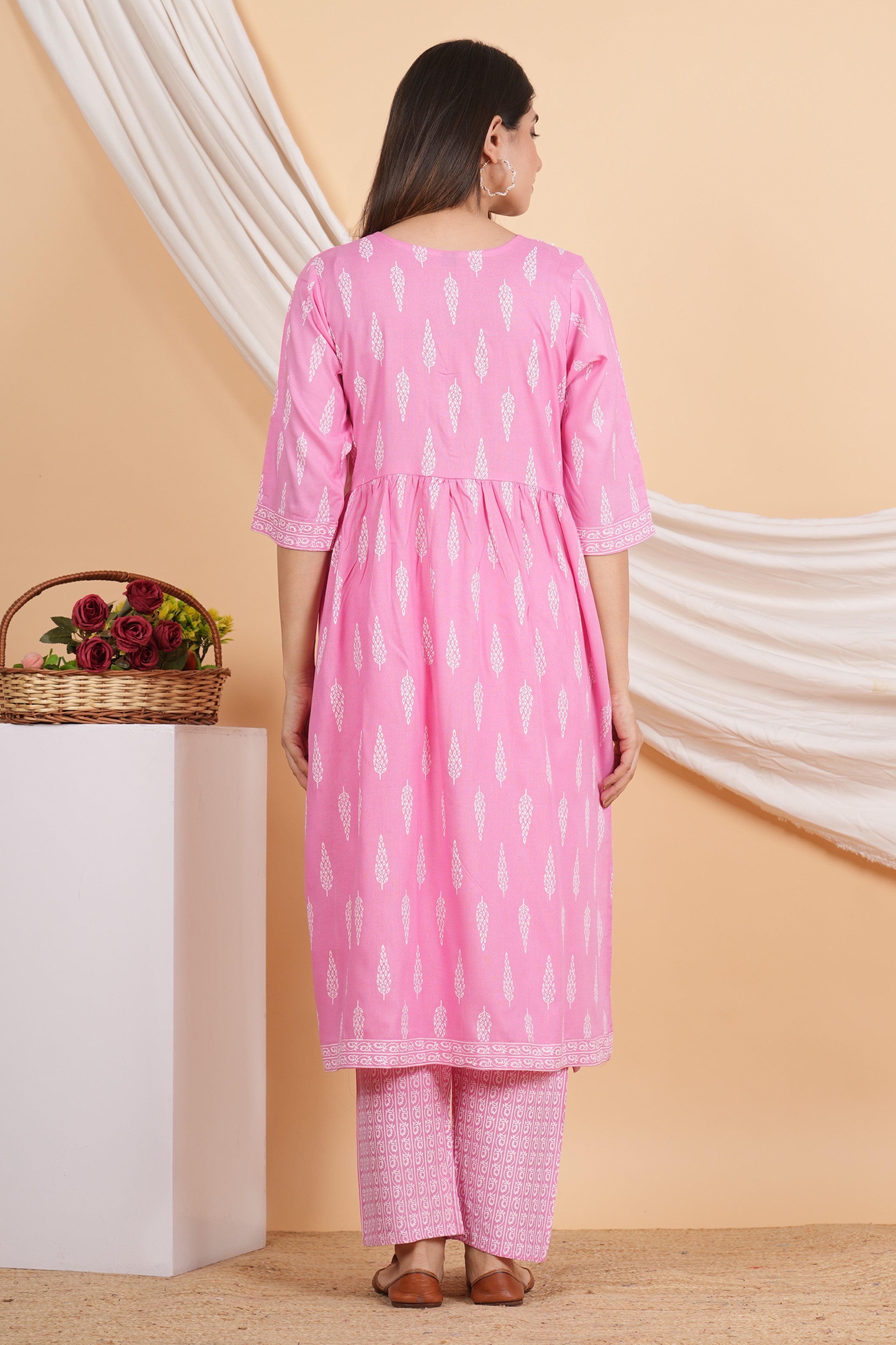 House of RP Women Pink Rayon Naira Cut Emboridered & Printed Kurta & Pant Set
