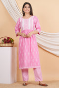 House of RP Women Pink Rayon Naira Cut Emboridered & Printed Kurta & Pant Set