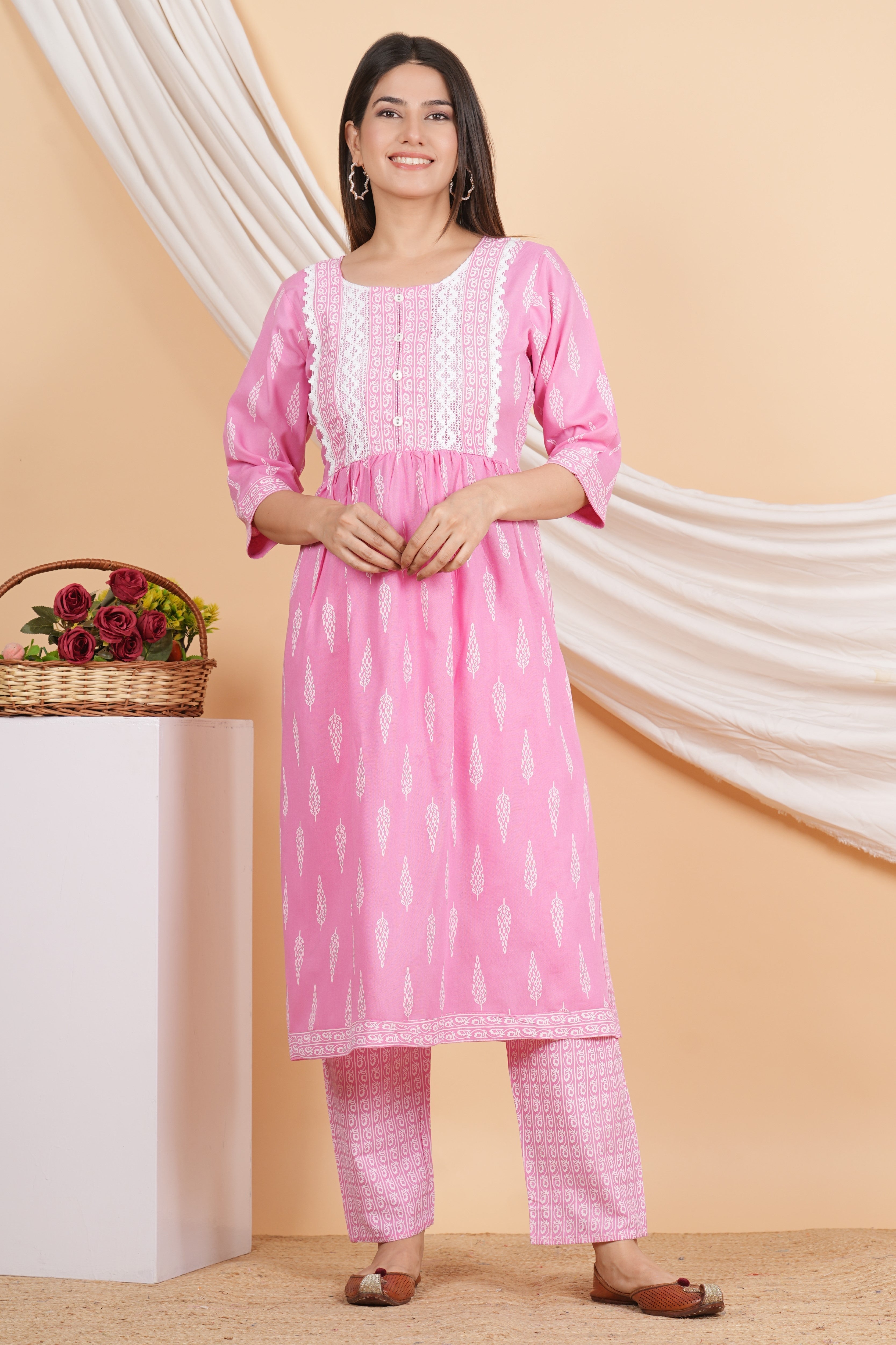 House of RP Women Pink Rayon Naira Cut Emboridered & Printed Kurta & Pant Set