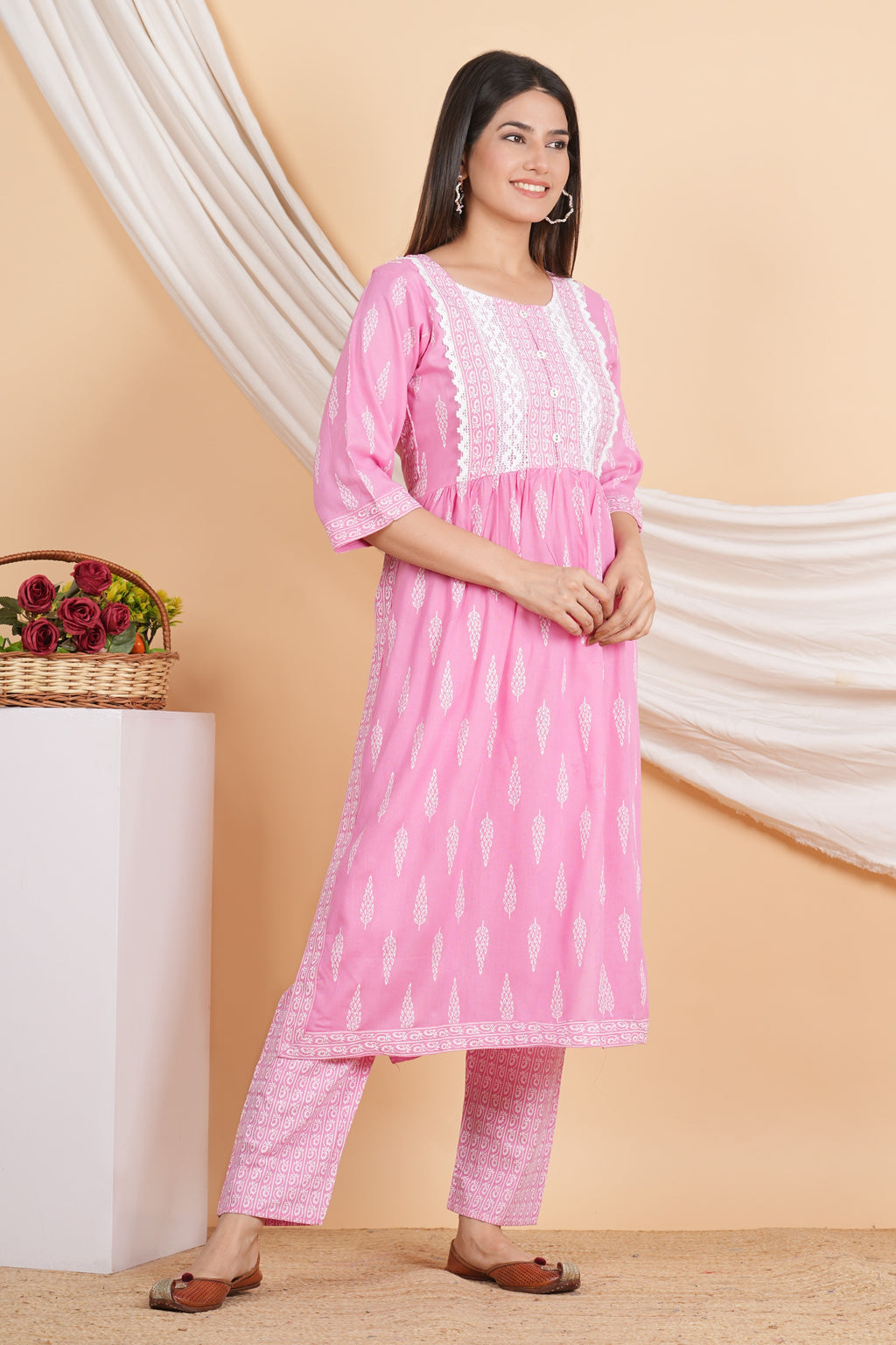 House of RP Women Pink Rayon Naira Cut Emboridered & Printed Kurta & Pant Set