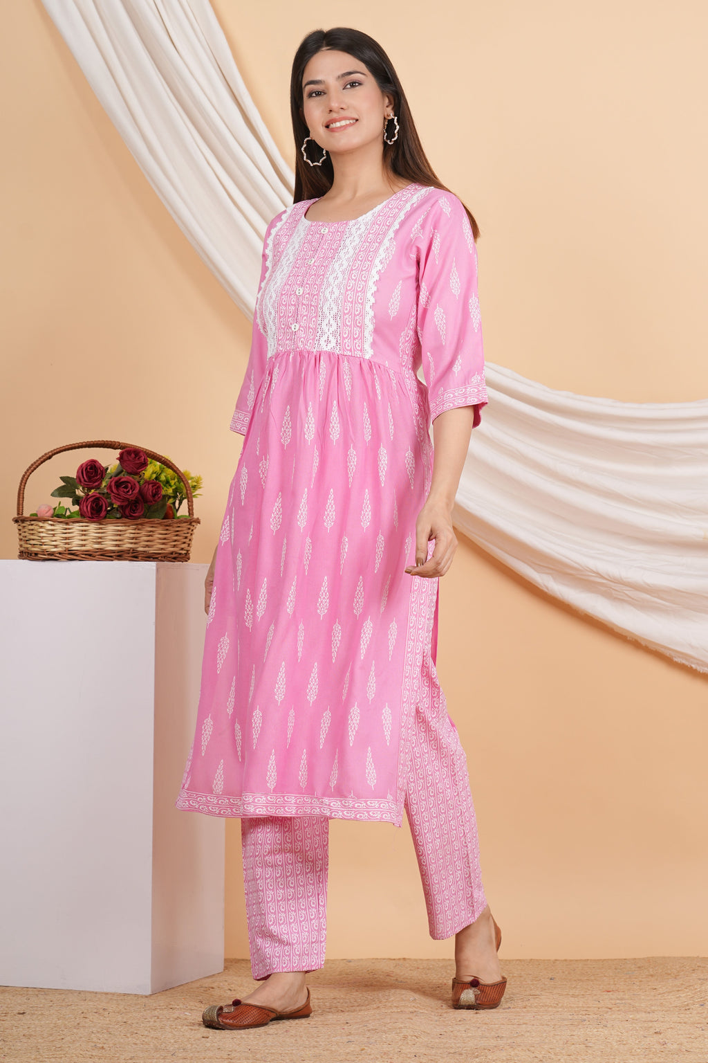 House of RP Women Pink Rayon Naira Cut Emboridered & Printed Kurta & Pant Set