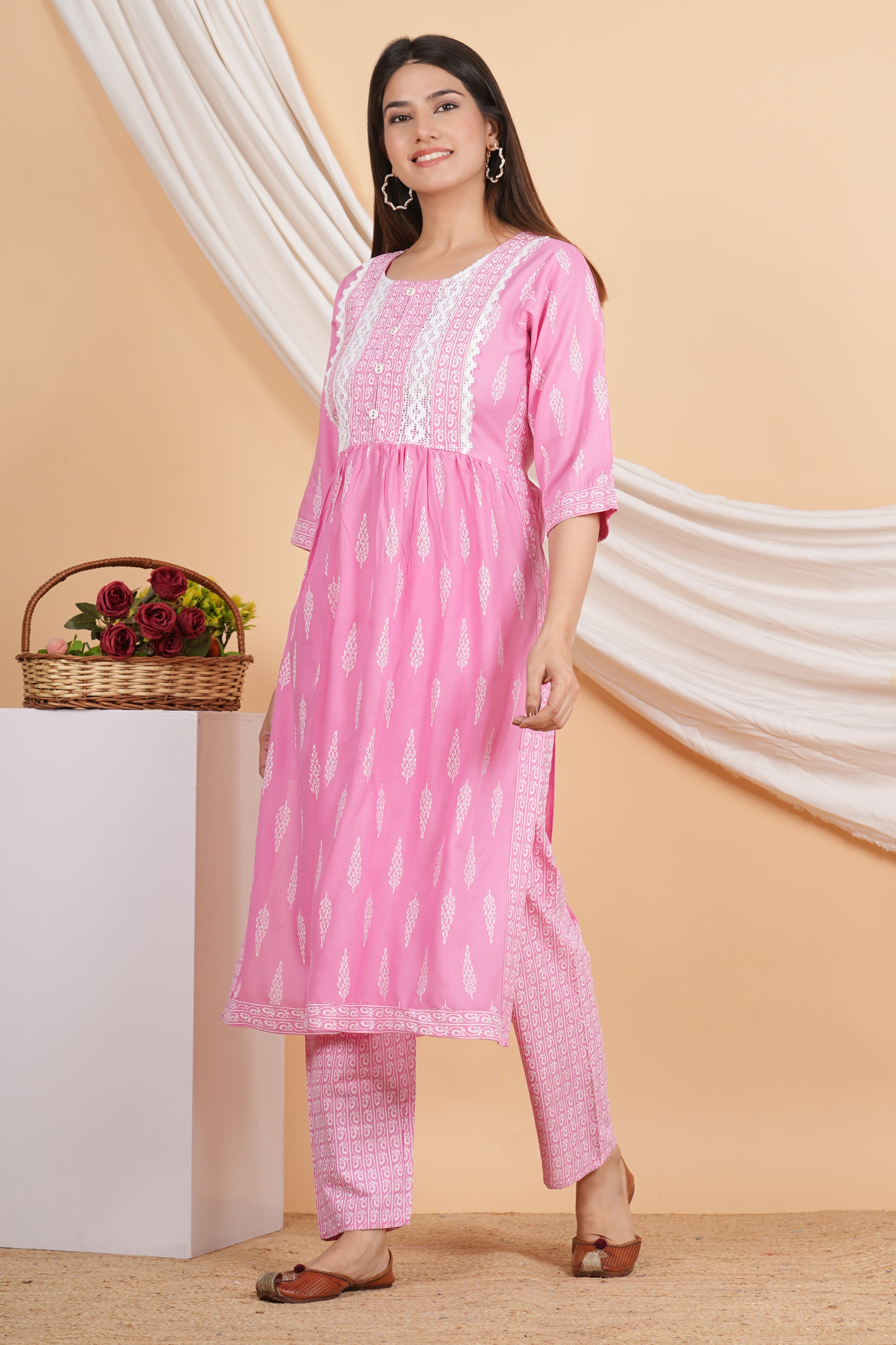 House of RP Women Pink Rayon Naira Cut Emboridered & Printed Kurta & Pant Set