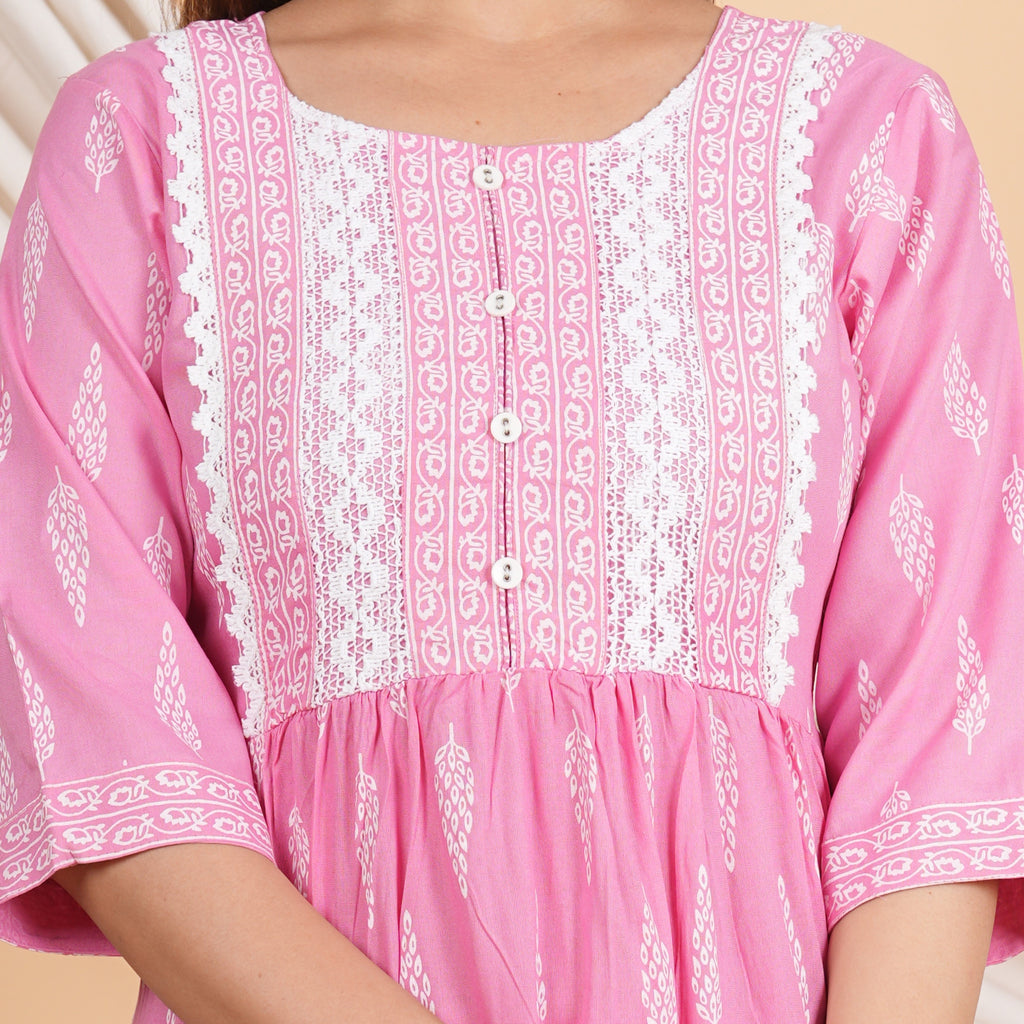 House of RP Women Pink Rayon Naira Cut Emboridered & Printed Kurta & Pant Set