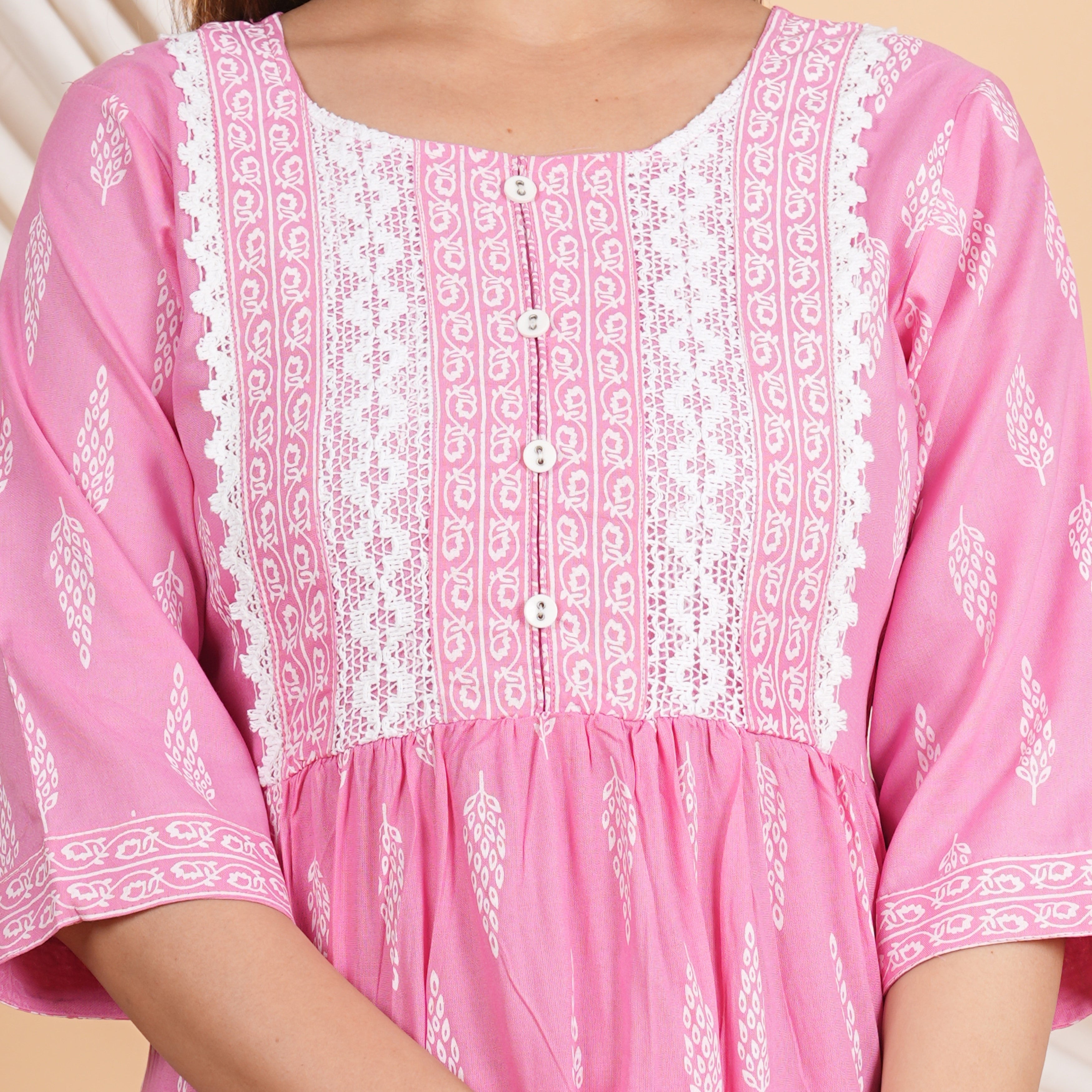 House of RP Women Pink Rayon Naira Cut Emboridered & Printed Kurta & Pant Set
