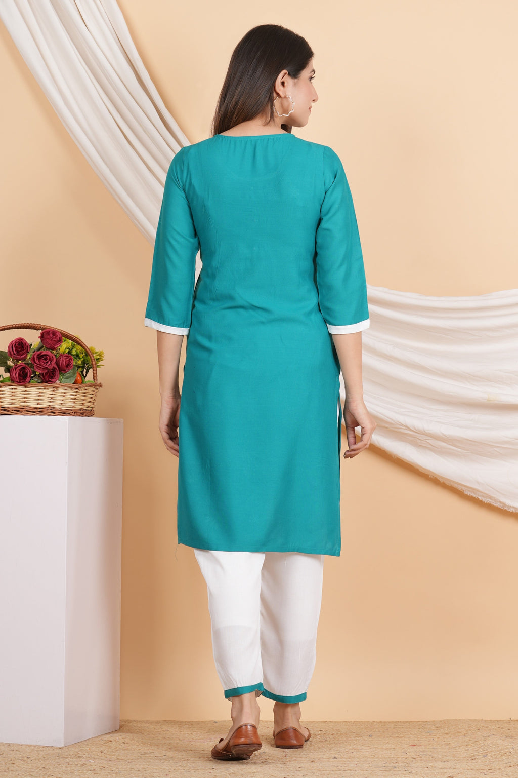 House of RP Women Teal Rayon Embroidered Kurta, Pant & Dupatta Set