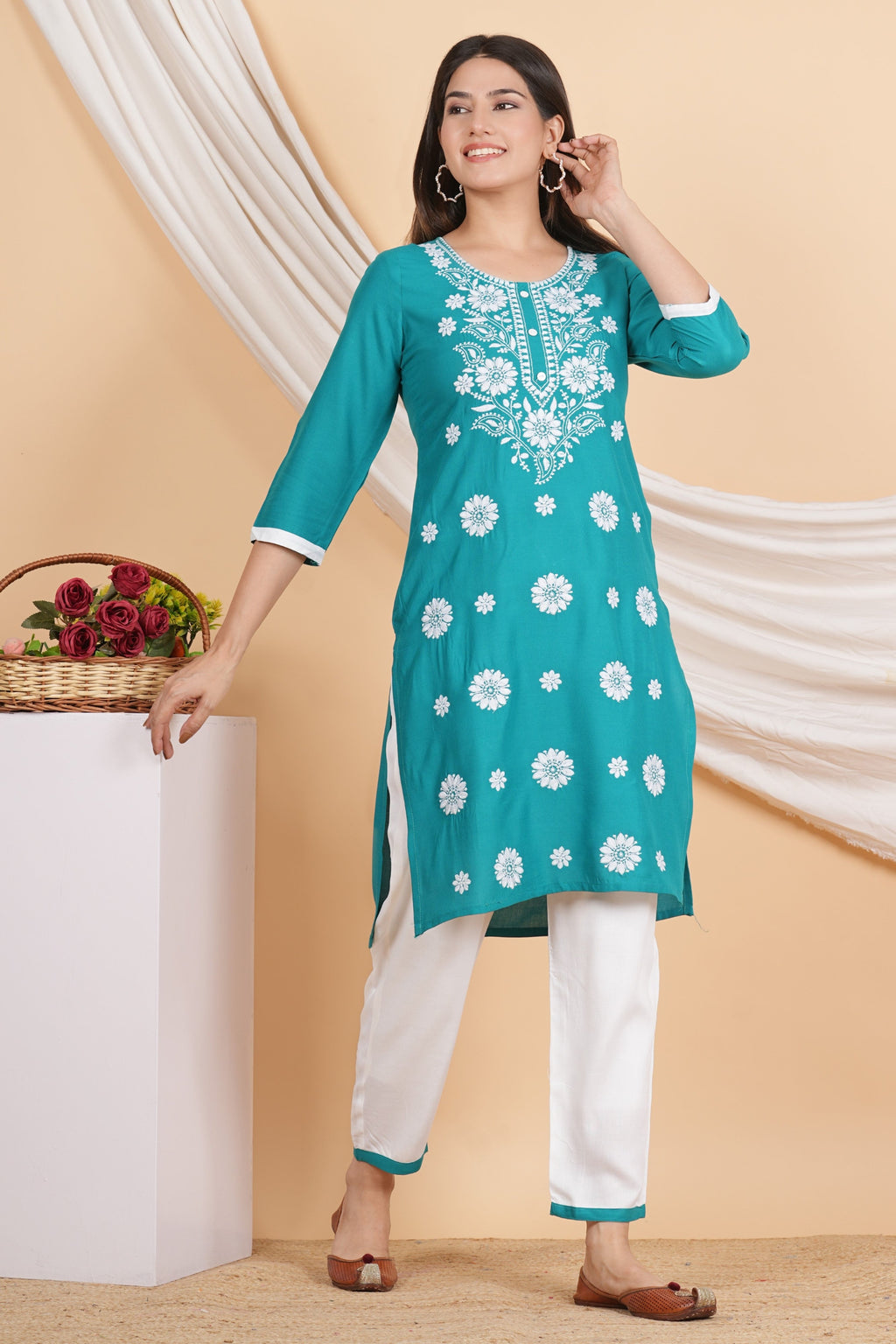 House of RP Women Teal Rayon Embroidered Kurta, Pant & Dupatta Set