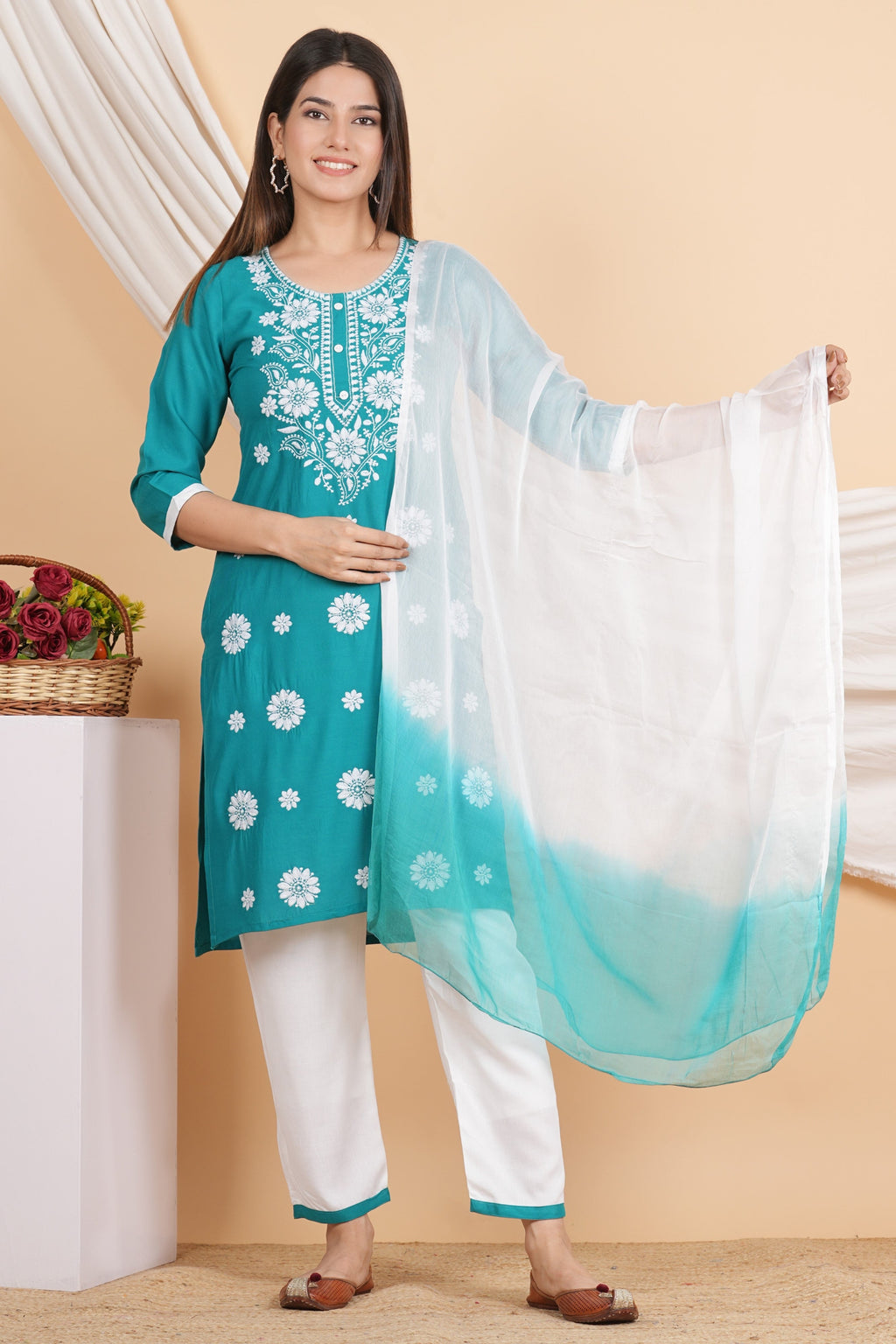 House of RP Women Teal Rayon Embroidered Kurta, Pant & Dupatta Set