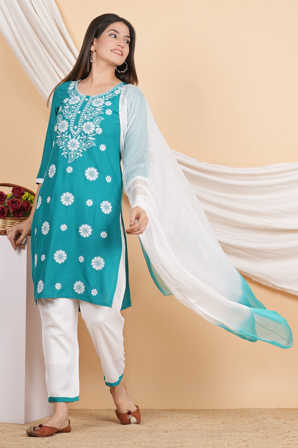 House of RP Women Teal Rayon Embroidered Kurta, Pant & Dupatta Set