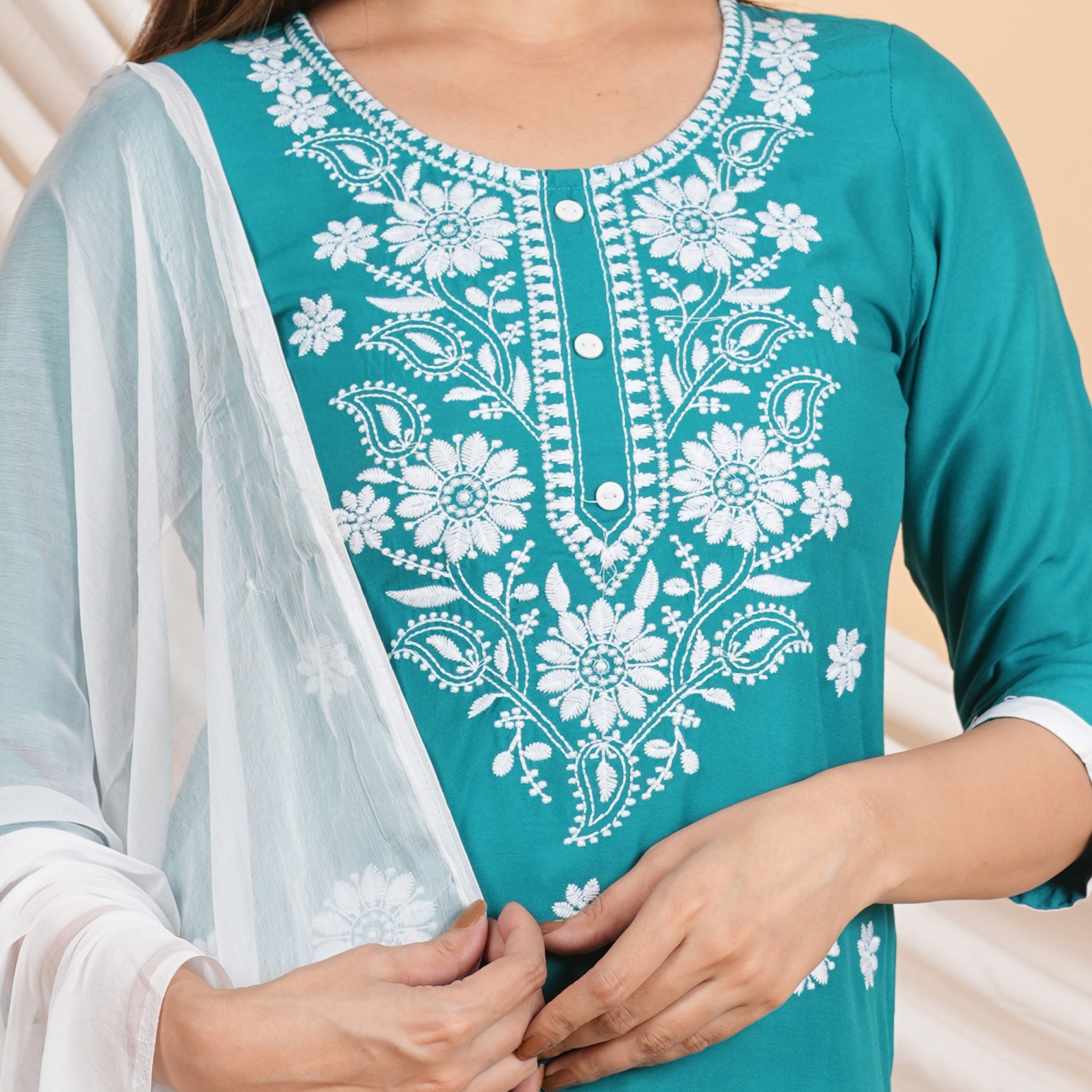 House of RP Women Teal Rayon Embroidered Kurta, Pant & Dupatta Set