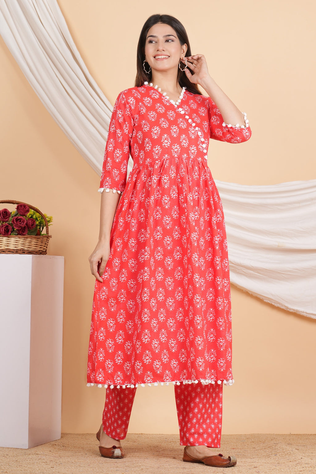 House of RP Women Red Rayon Embroidered Kurta, Pant & Dupatta Set