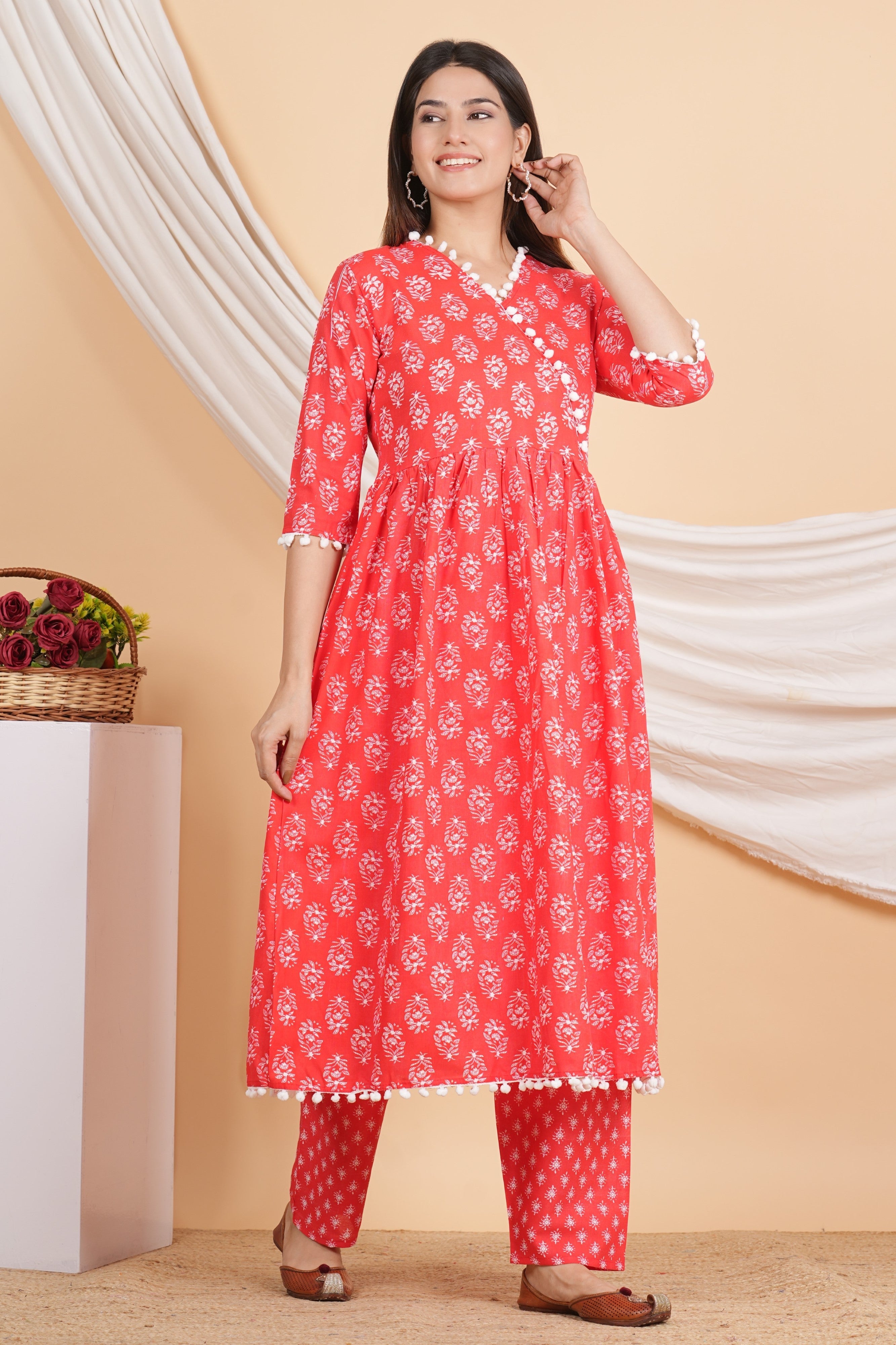 House of RP Women Red Rayon Embroidered Kurta, Pant & Dupatta Set