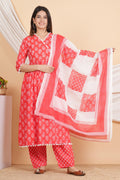 House of RP Women Red Rayon Embroidered Kurta, Pant & Dupatta Set