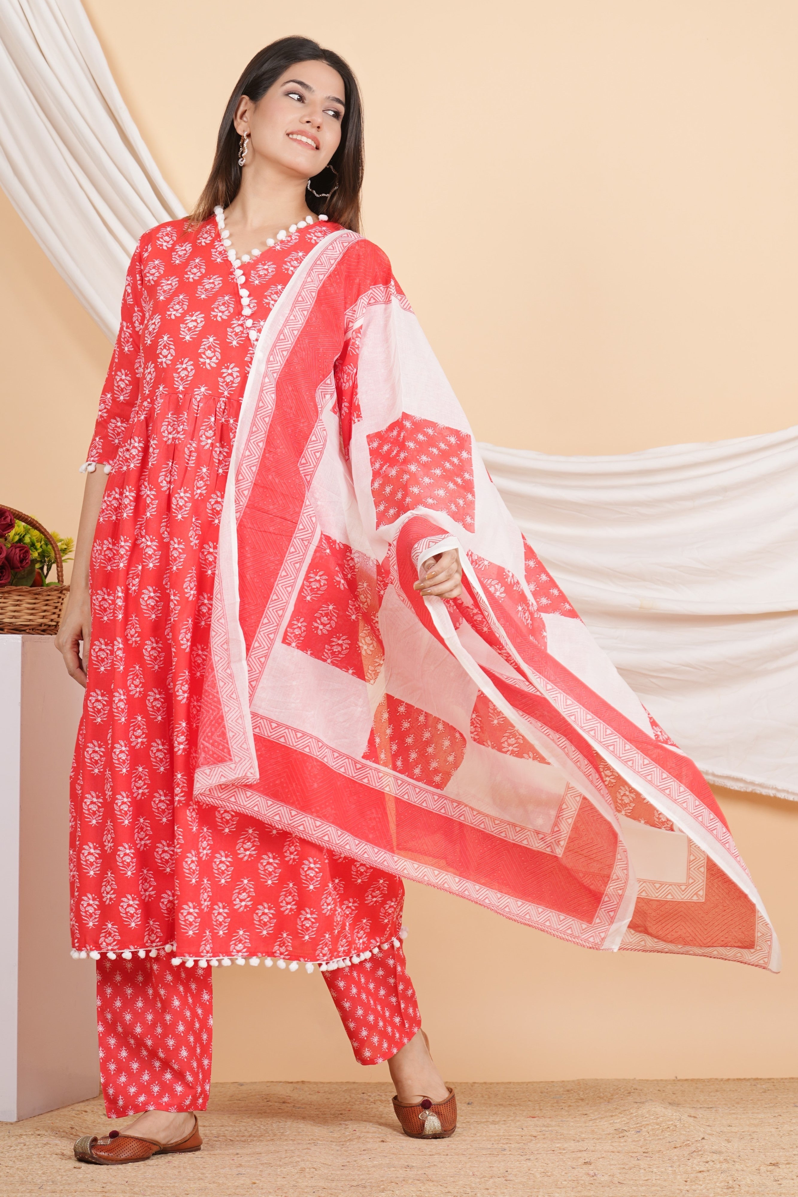 House of RP Women Red Rayon Embroidered Kurta, Pant & Dupatta Set