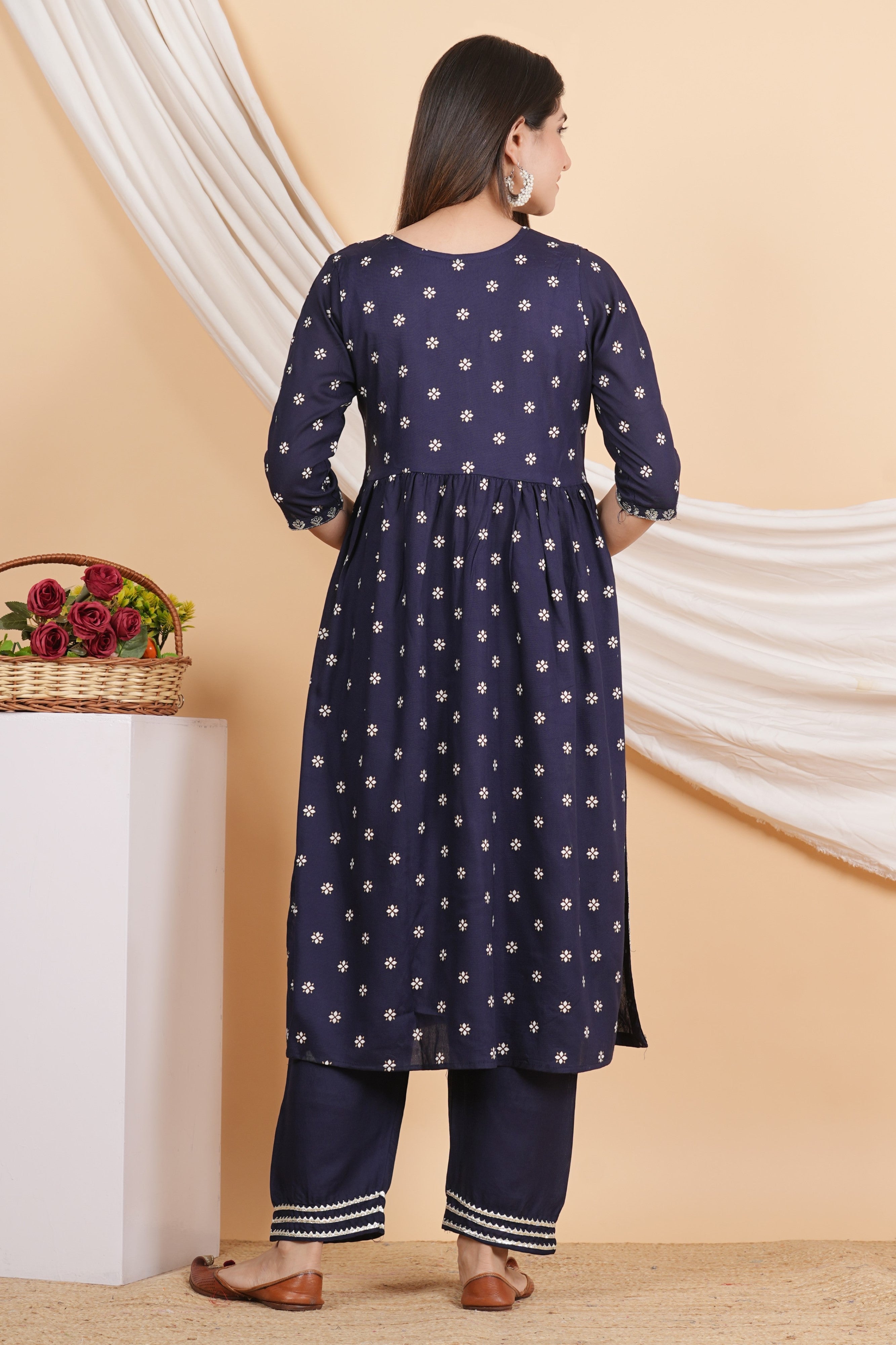 House of RP Women Blue Rayon Embroidered Naira Cut Kurta, Pant & Dupatta Set