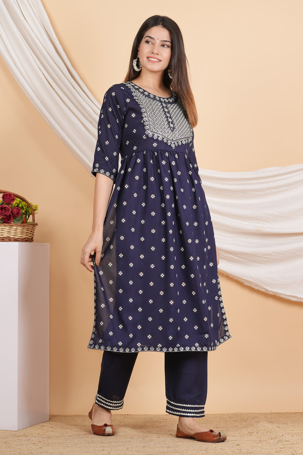 House of RP Women Blue Rayon Embroidered Naira Cut Kurta, Pant & Dupatta Set