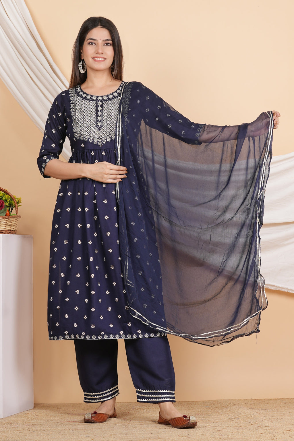 House of RP Women Blue Rayon Embroidered Naira Cut Kurta, Pant & Dupatta Set