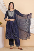 House of RP Women Blue Rayon Embroidered Naira Cut Kurta, Pant & Dupatta Set