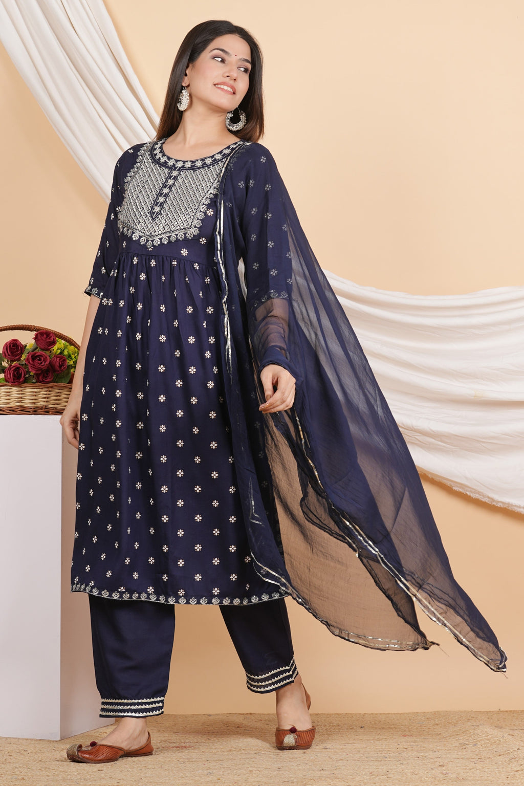 House of RP Women Blue Rayon Embroidered Naira Cut Kurta, Pant & Dupatta Set