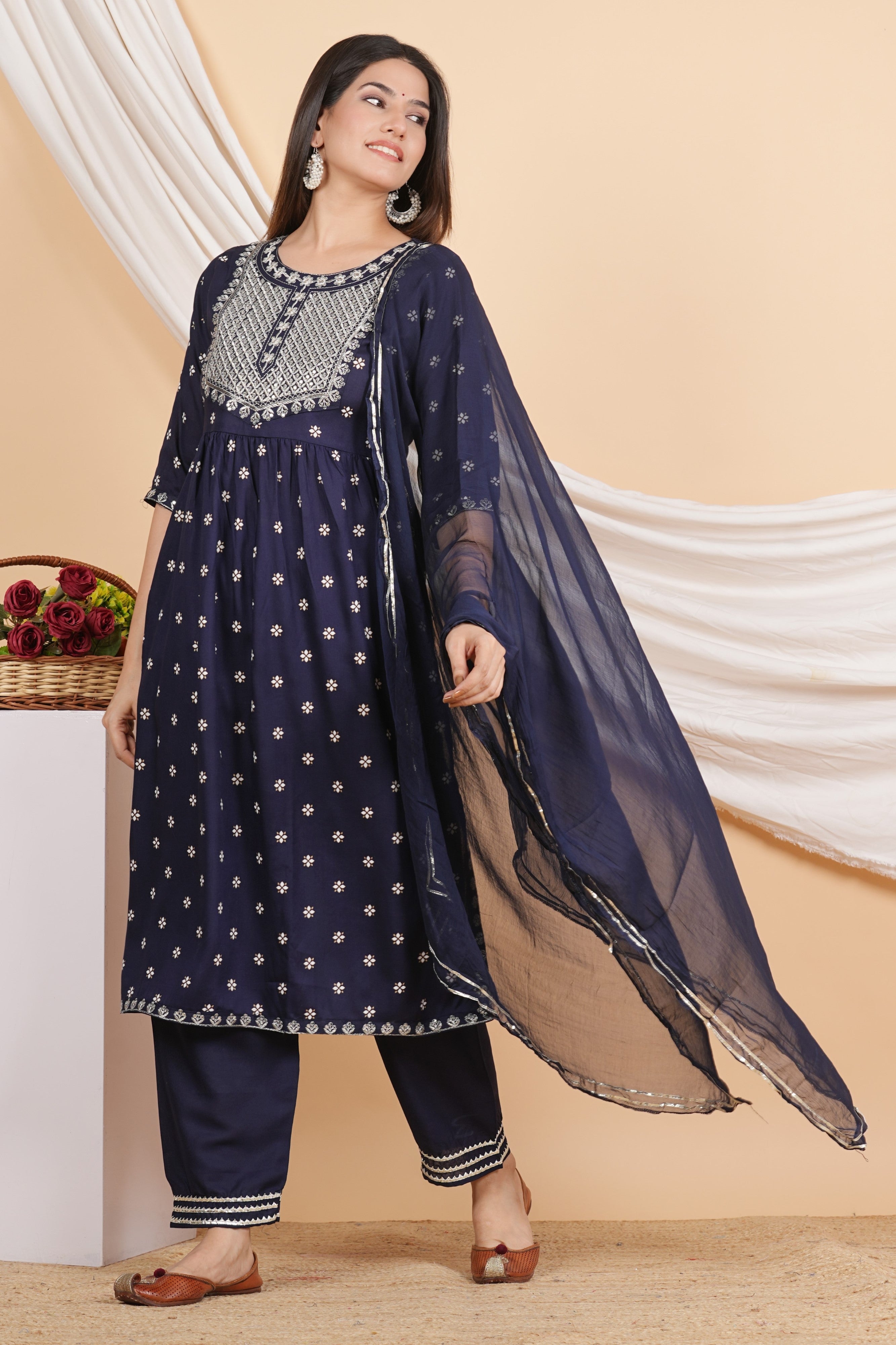 House of RP Women Blue Rayon Embroidered Naira Cut Kurta, Pant & Dupatta Set