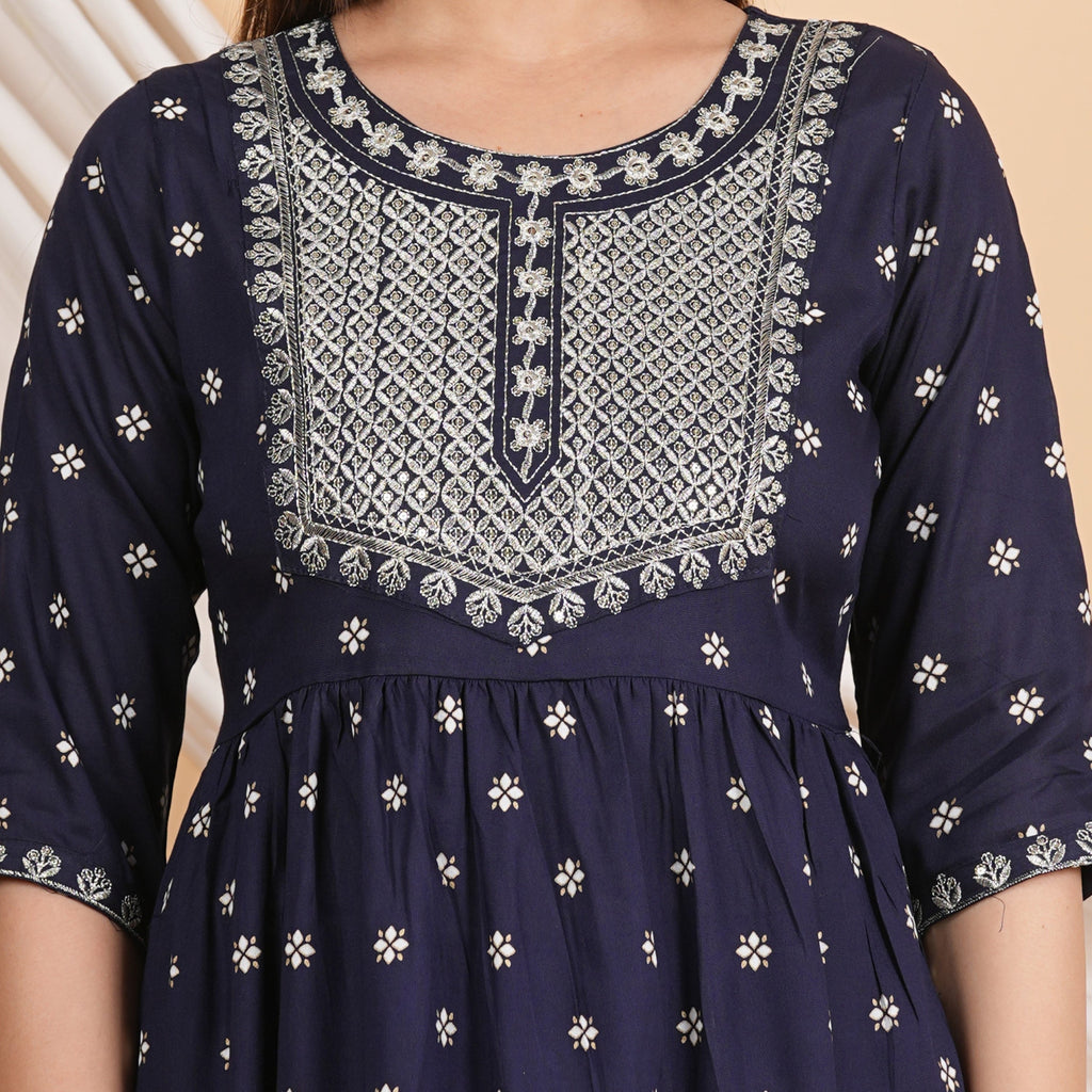 House of RP Women Blue Rayon Embroidered Naira Cut Kurta, Pant & Dupatta Set