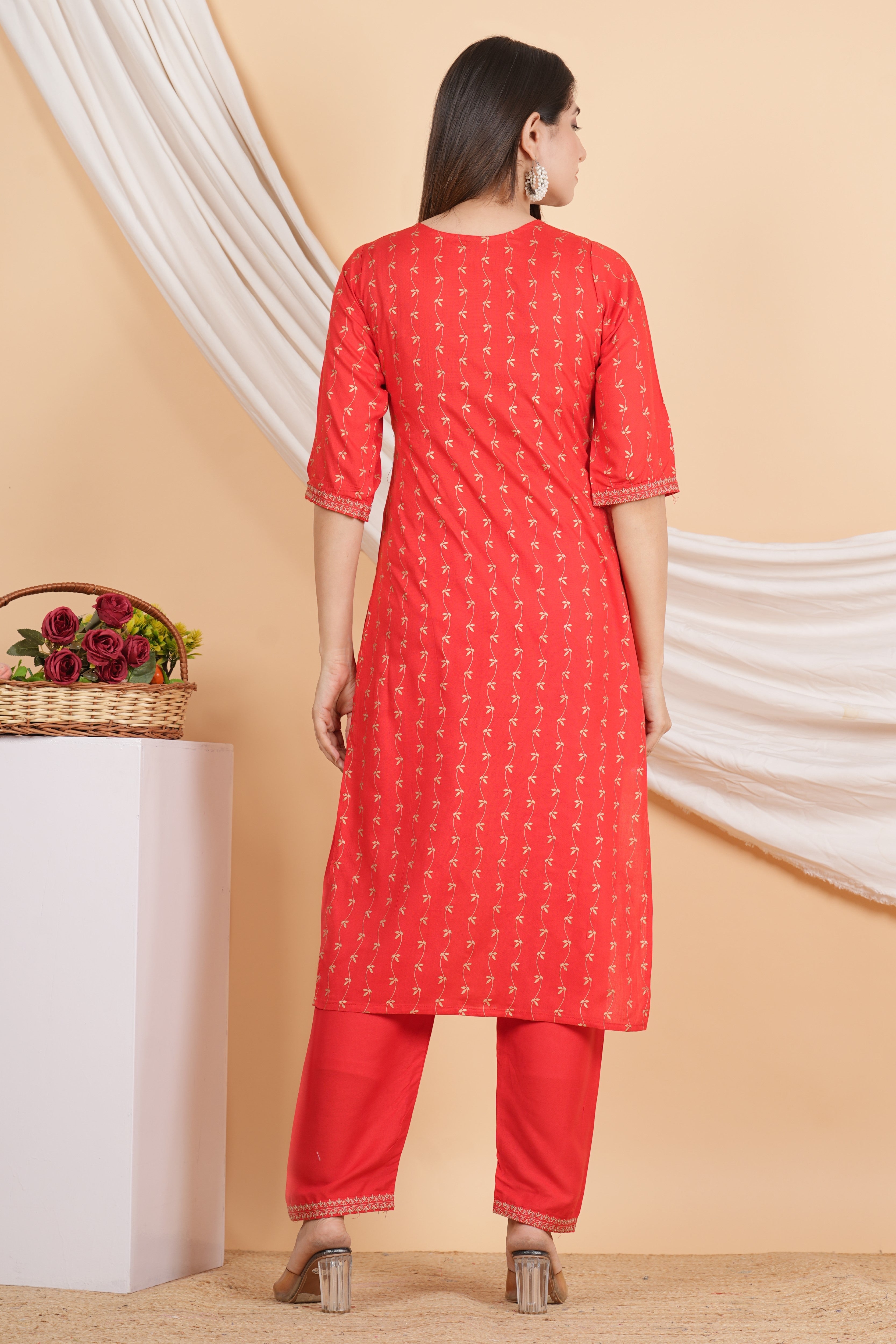 House of RP Women Red Rayon Embroidered & Printed Kurta & Pant Set