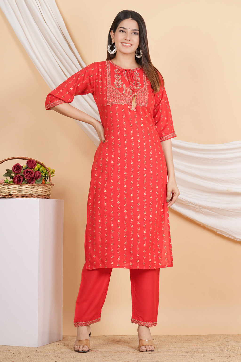 House of RP Women Red Rayon Embroidered & Printed Kurta & Pant Set