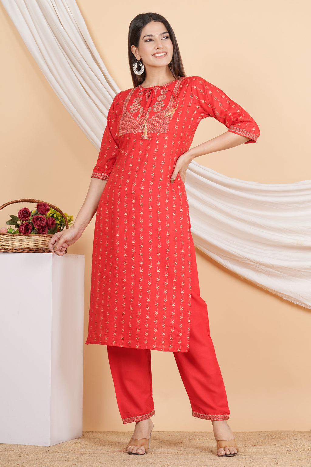House of RP Women Red Rayon Embroidered & Printed Kurta & Pant Set