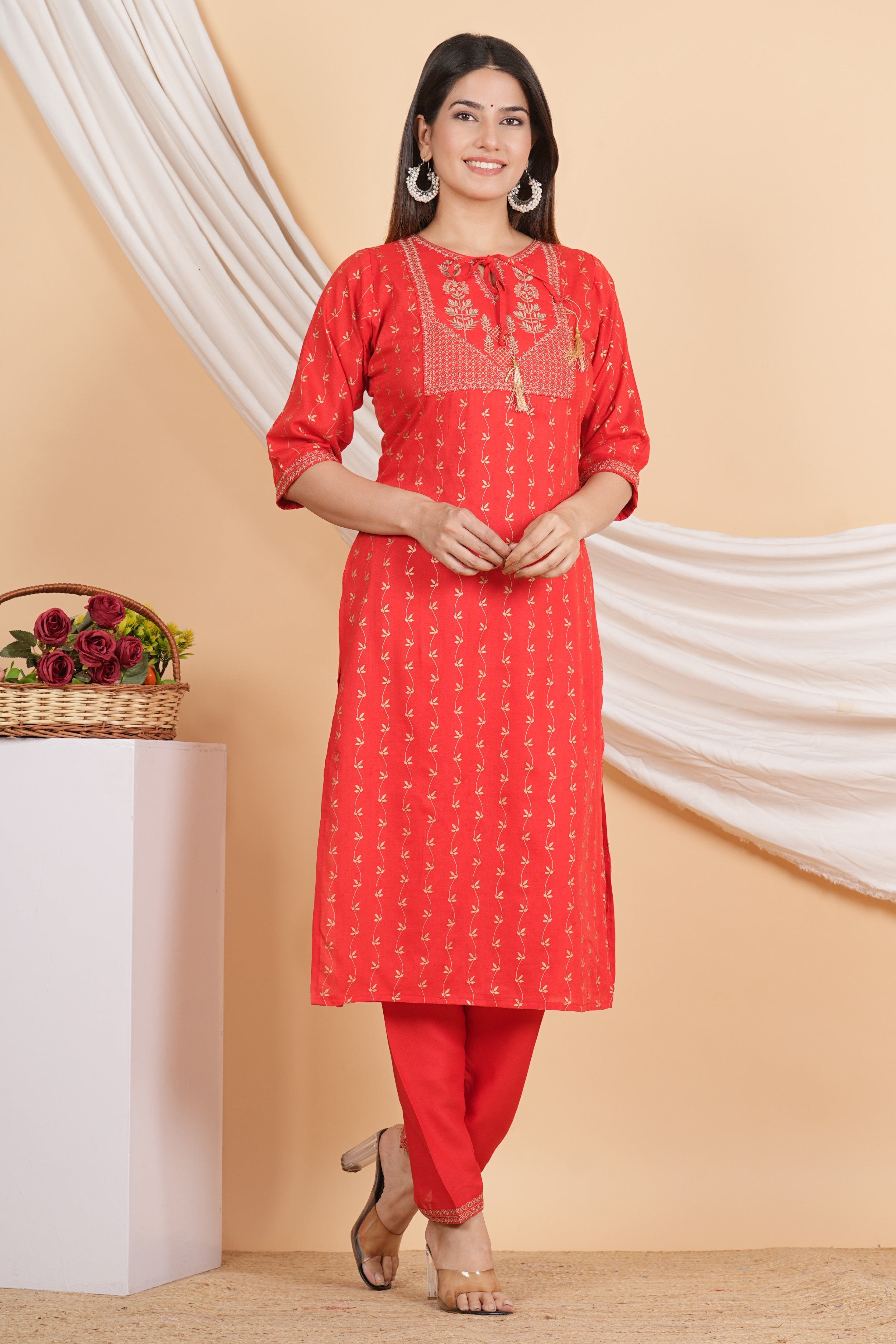 House of RP Women Red Rayon Embroidered & Printed Kurta & Pant Set