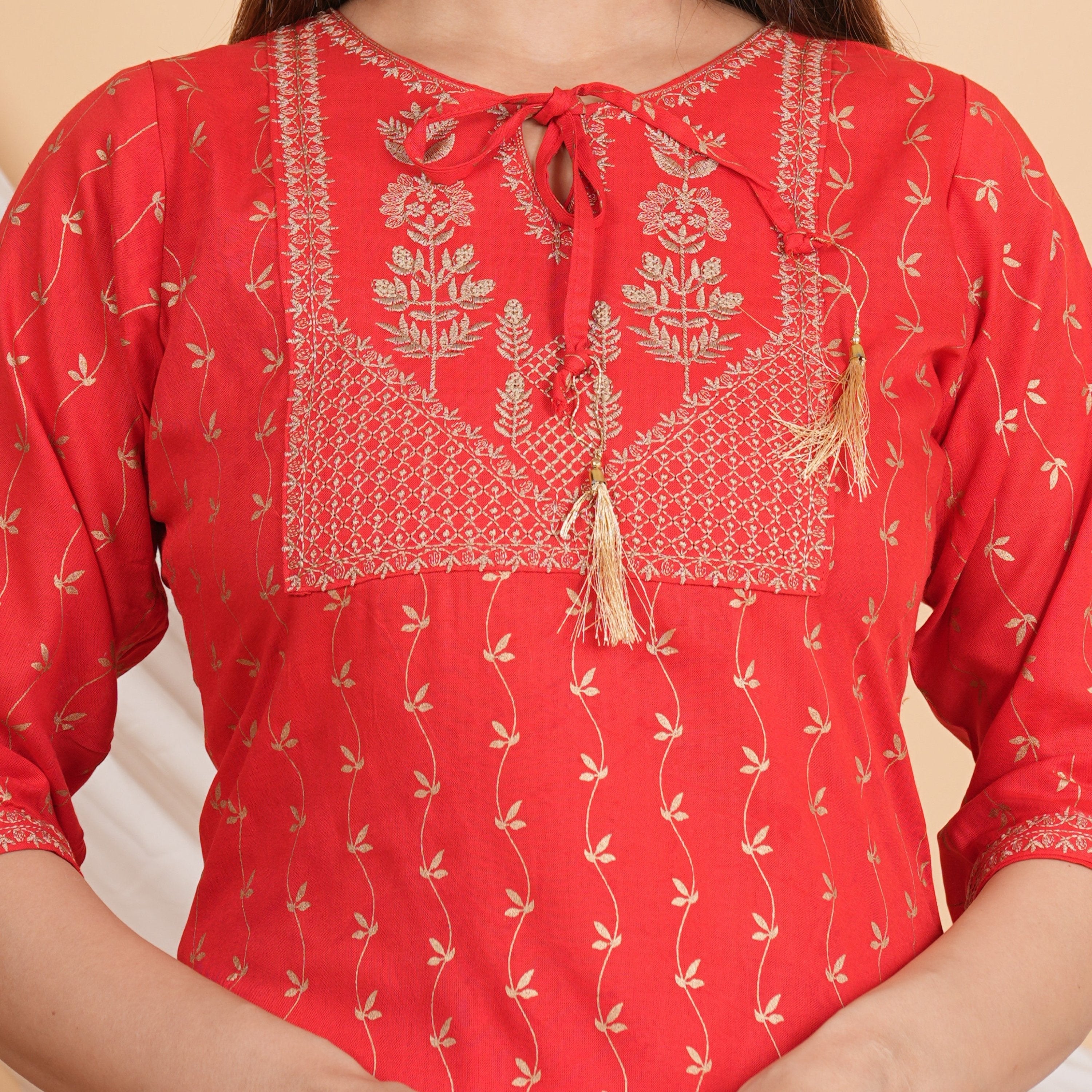 House of RP Women Red Rayon Embroidered & Printed Kurta & Pant Set