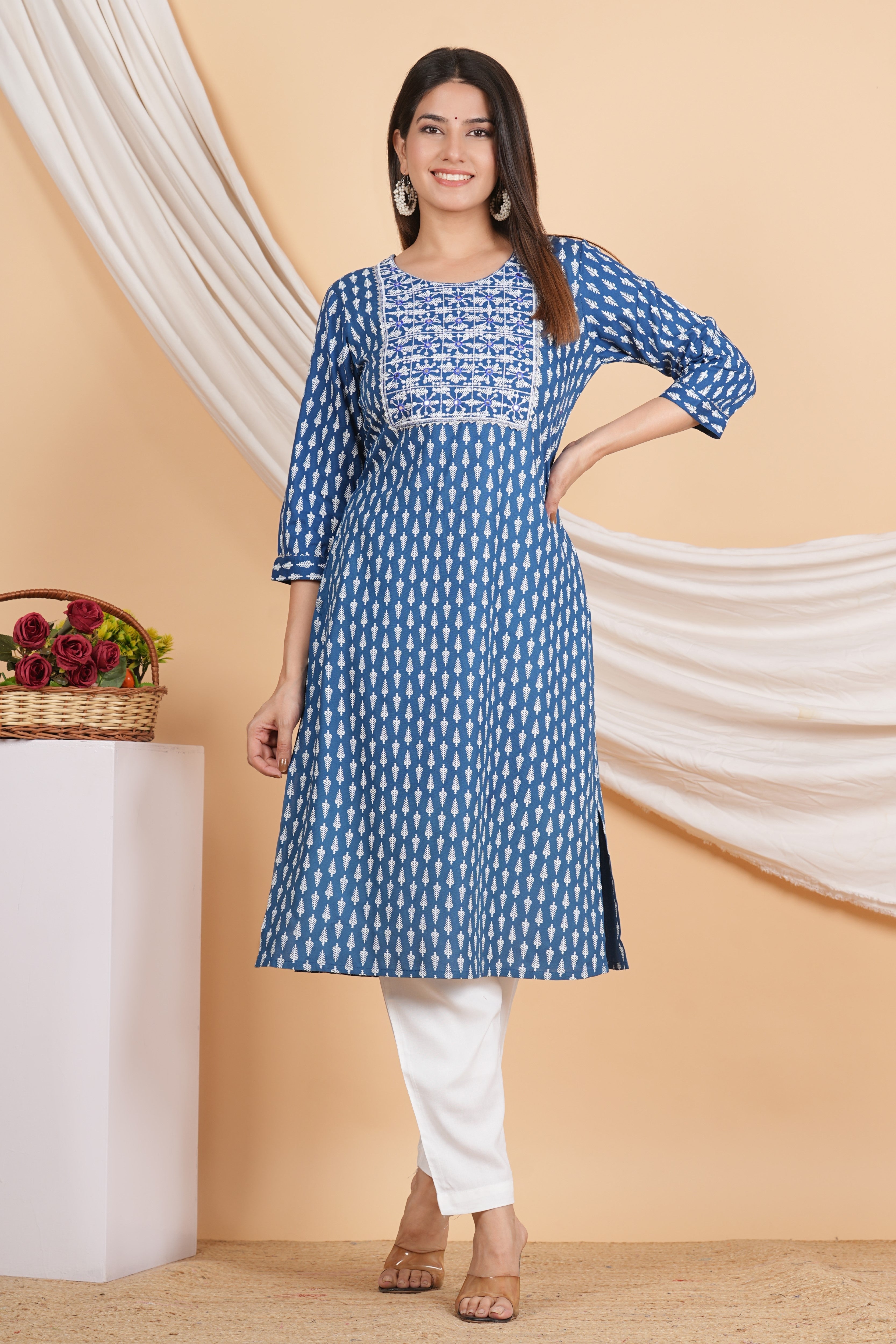 House of RP Women Sky Blue Rayon Embroidered & Printed Kurta & Pant Set