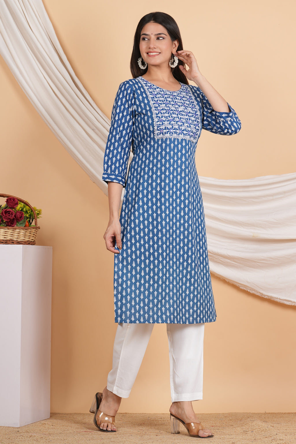 House of RP Women Sky Blue Rayon Embroidered & Printed Kurta & Pant Set