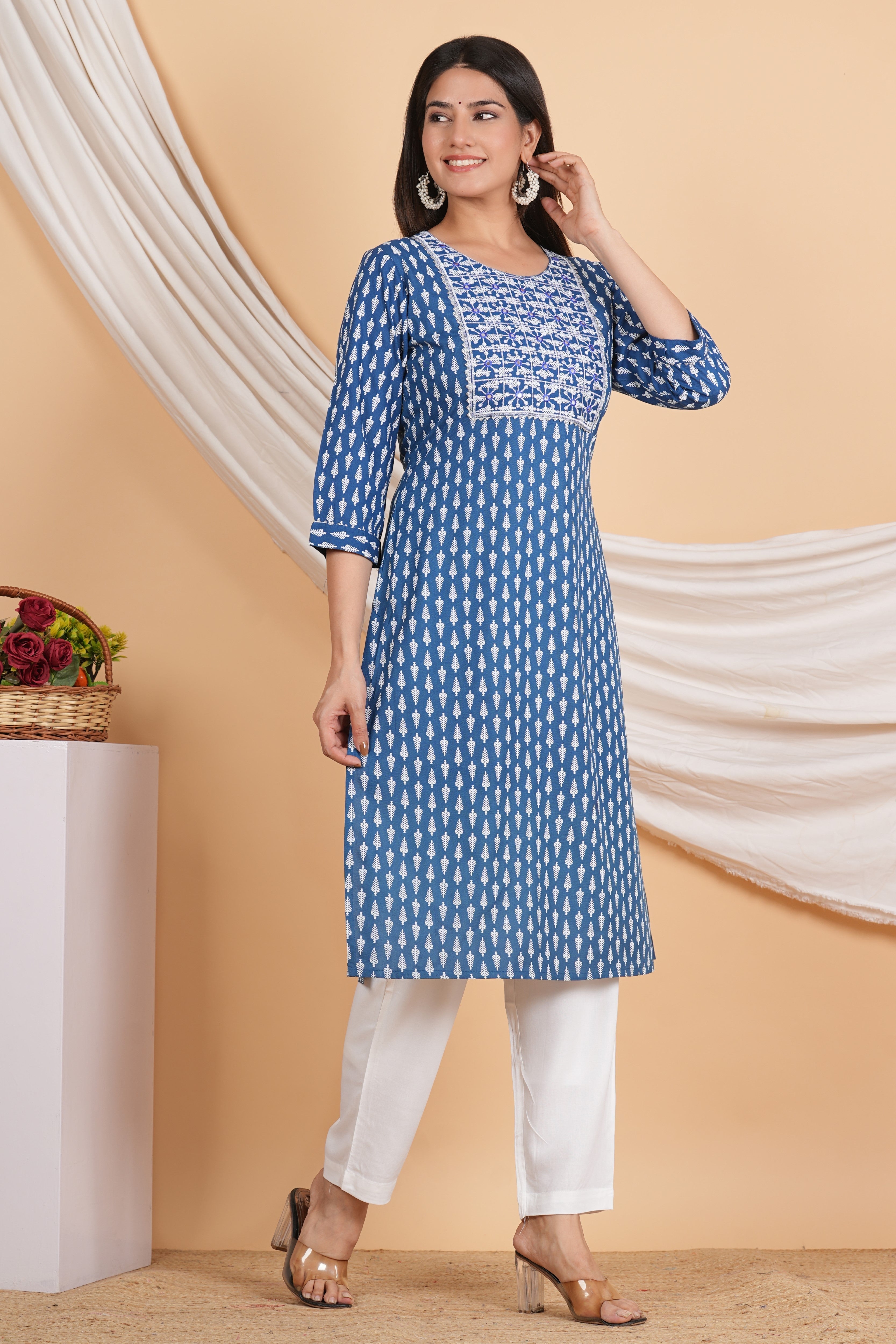 House of RP Women Sky Blue Rayon Embroidered & Printed Kurta & Pant Set