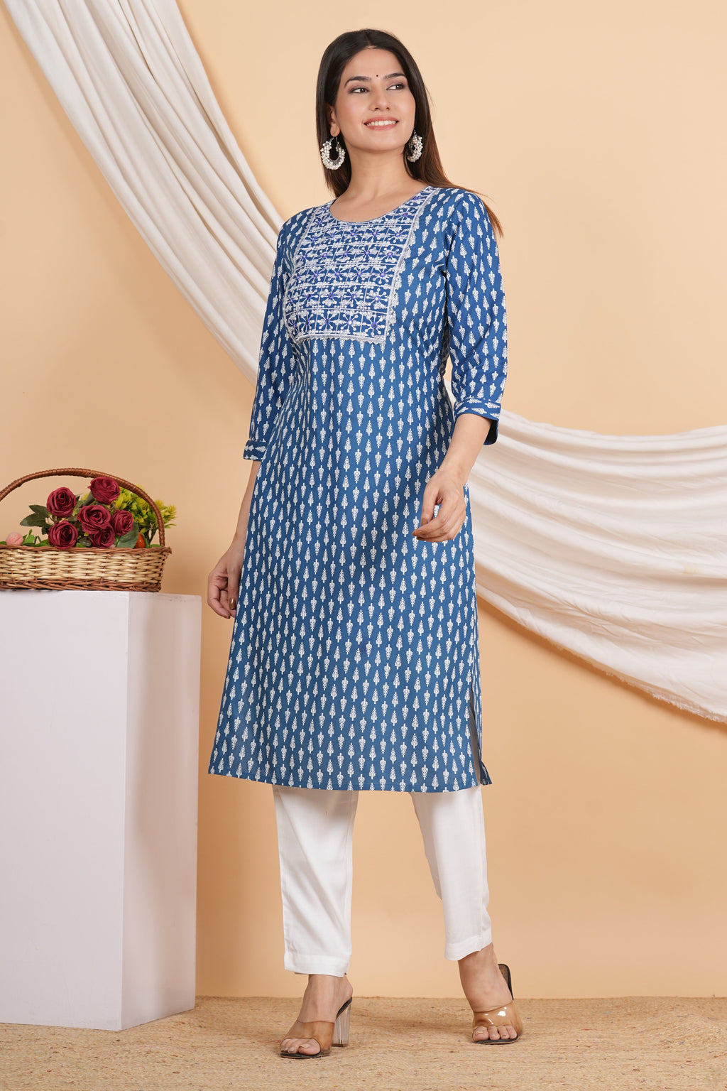 House of RP Women Sky Blue Rayon Embroidered & Printed Kurta & Pant Set
