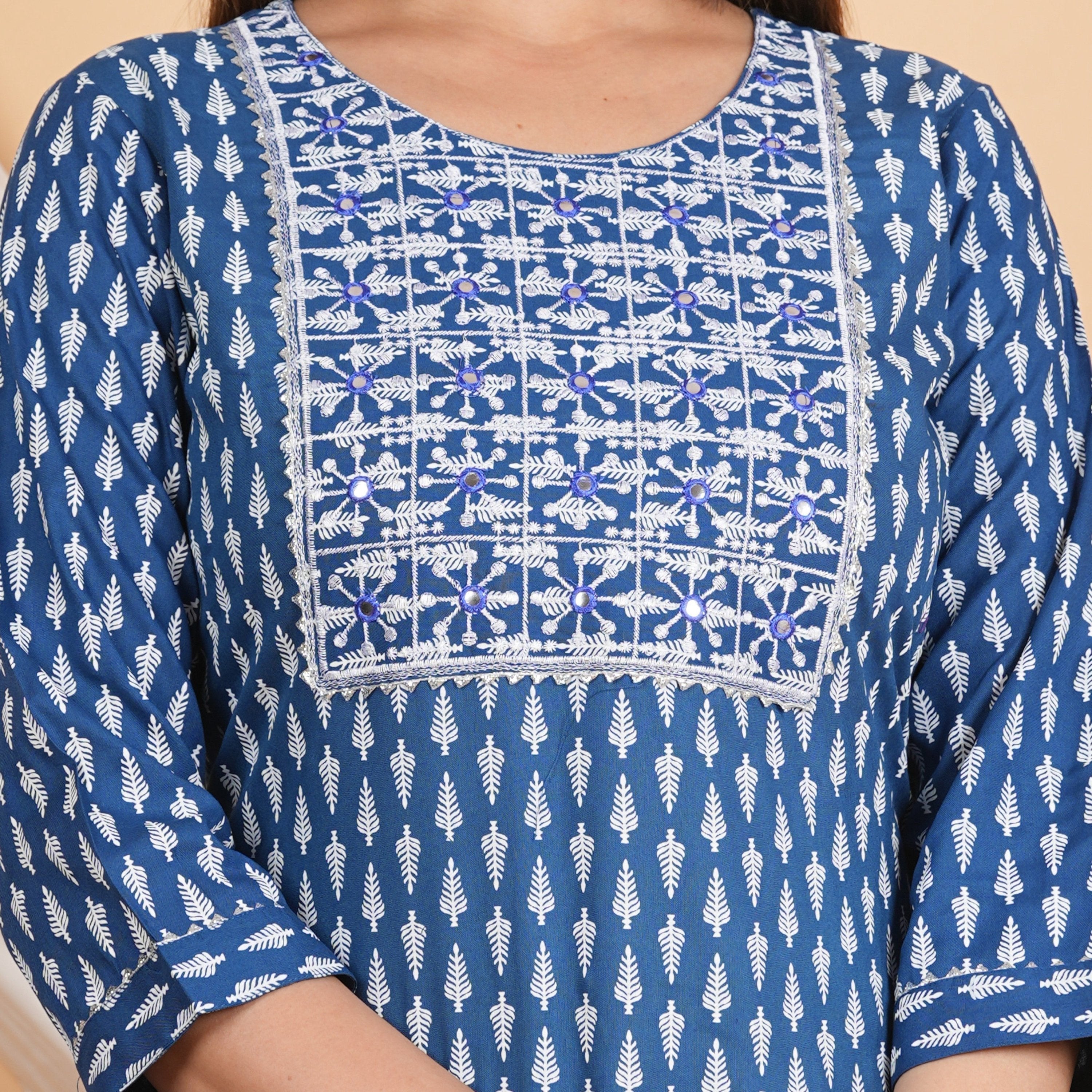 House of RP Women Sky Blue Rayon Embroidered & Printed Kurta & Pant Set