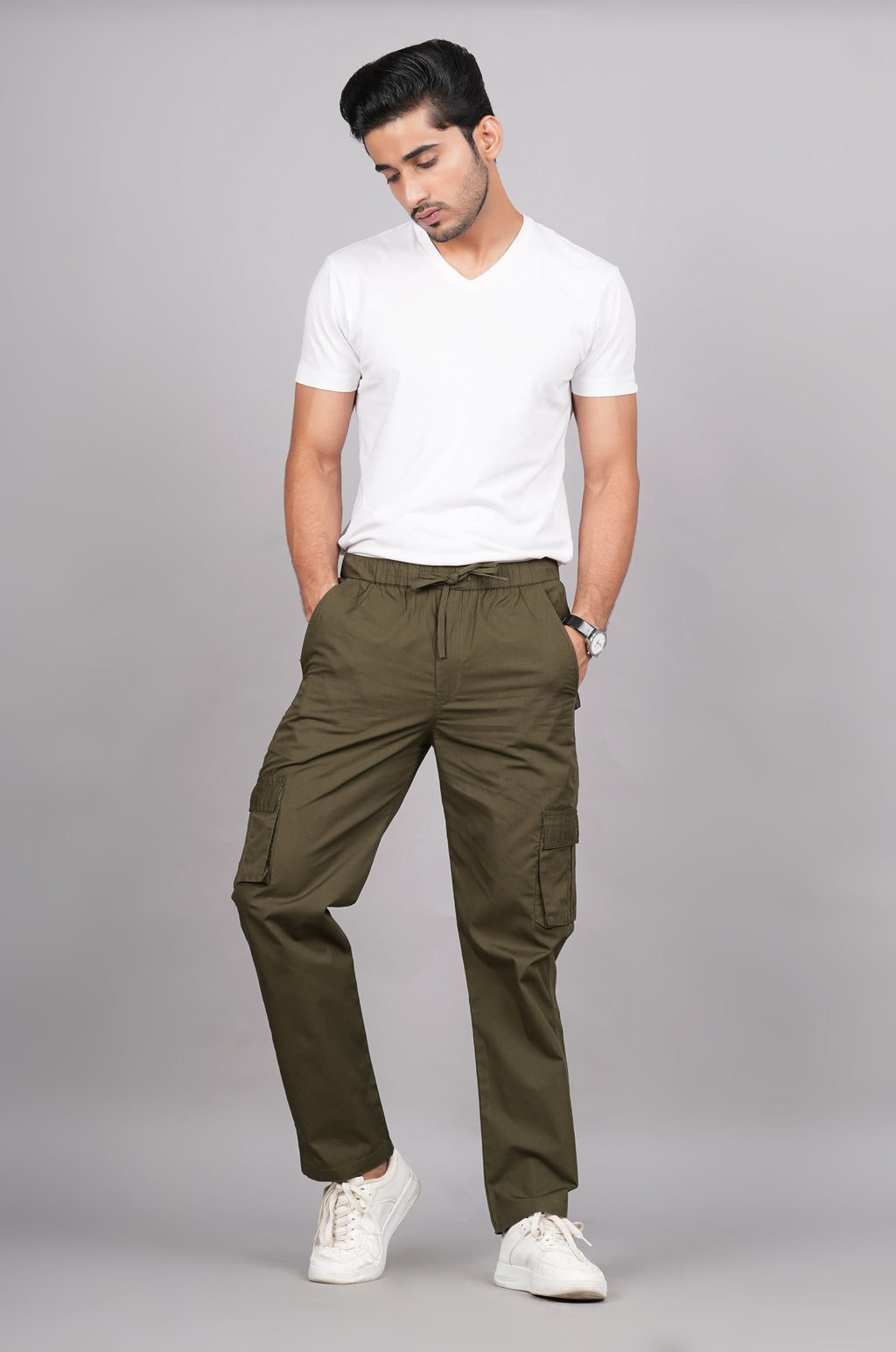 House of RP Men's Cotton Green Slim Fit Solid Cargos, Casual Trousers with Cargo Pockets