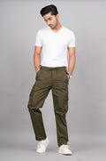 House of RP Men's Cotton Green Slim Fit Solid Cargos, Casual Trousers with Cargo Pockets