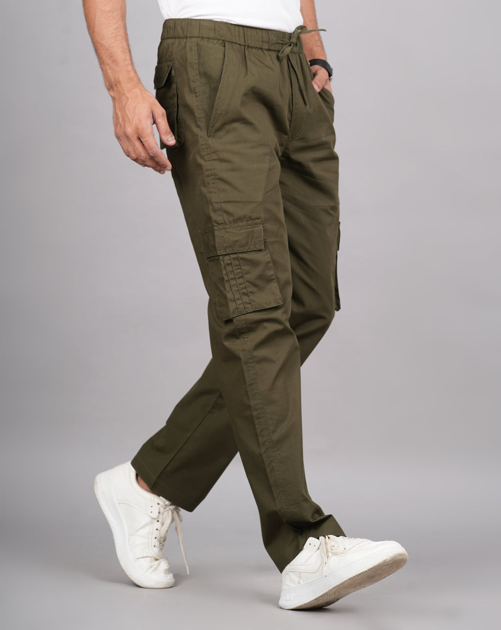 House of RP Men's Cotton Green Slim Fit Solid Cargos, Casual Trousers with Cargo Pockets