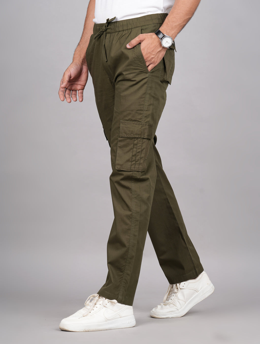 House of RP Men's Cotton Green Slim Fit Solid Cargos, Casual Trousers with Cargo Pockets
