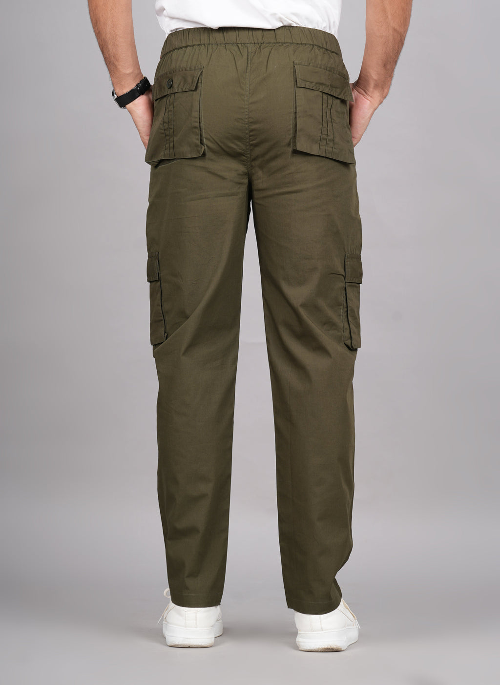 House of RP Men's Cotton Green Slim Fit Solid Cargos, Casual Trousers with Cargo Pockets