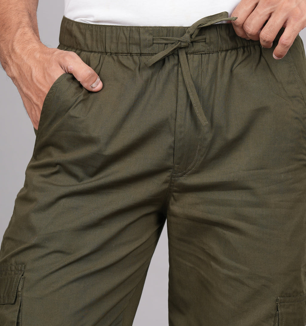 House of RP Men's Cotton Green Slim Fit Solid Cargos, Casual Trousers with Cargo Pockets